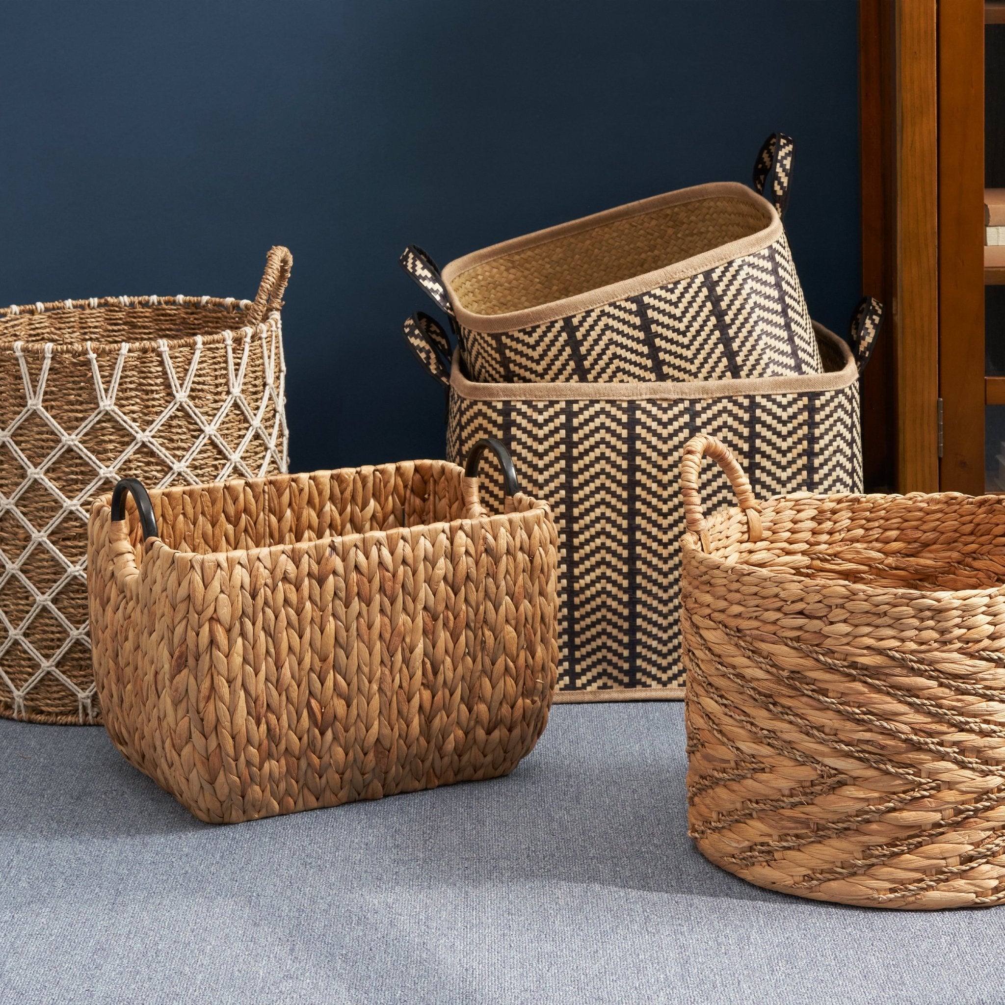 Round Woven Storage Basket with Handles - Baskets