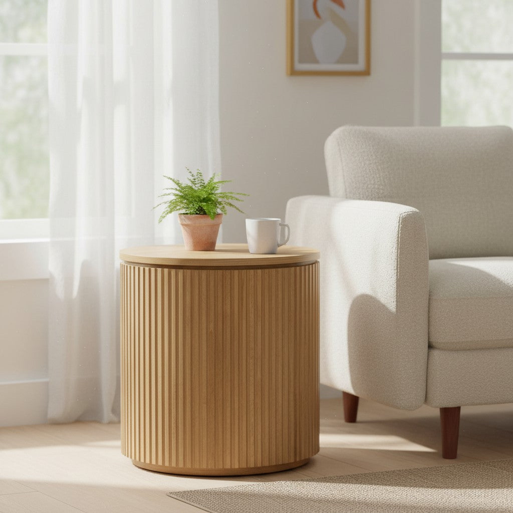 Ribbed Round Brown Solid Wood Accent End Table