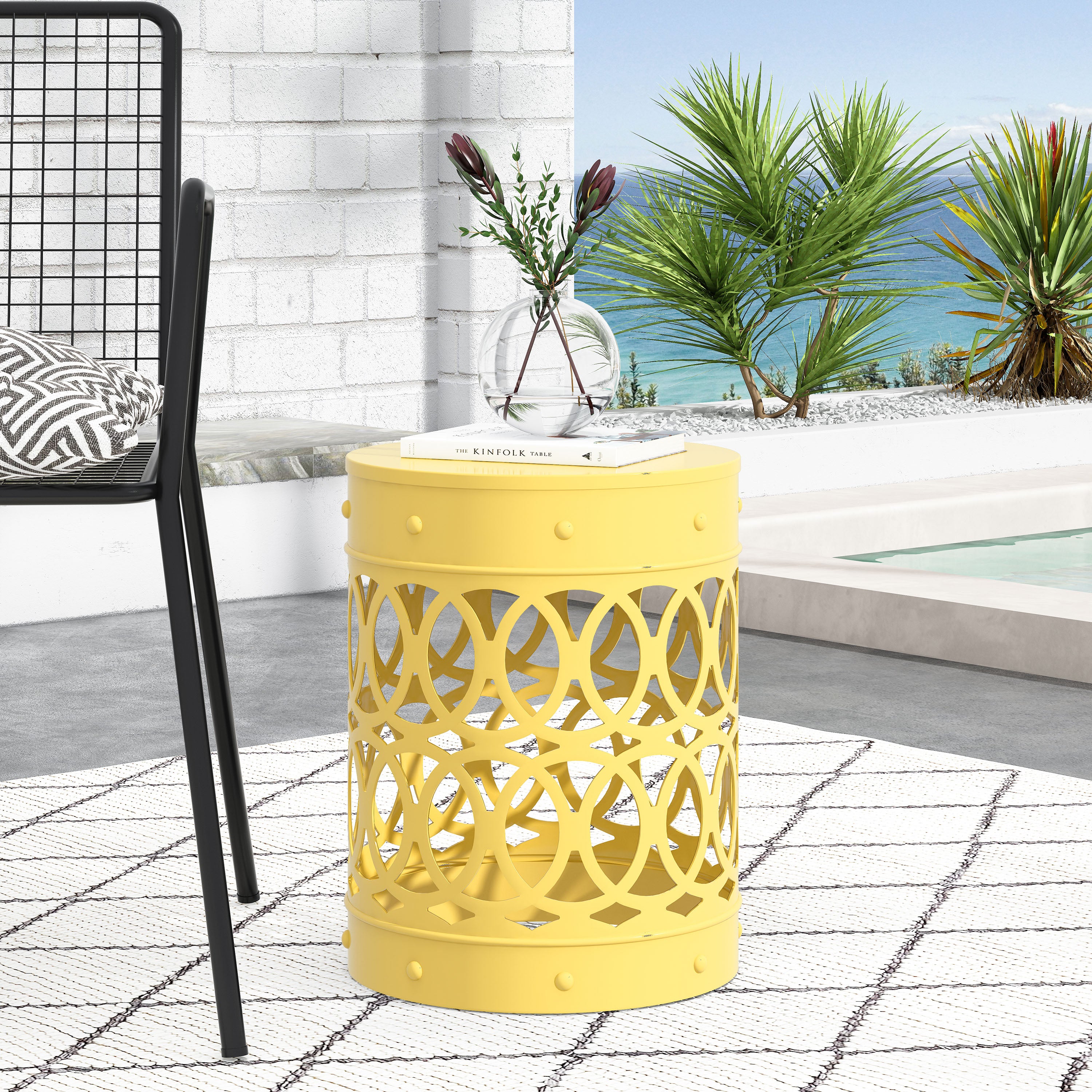 Symmetry Yellow Outdoor Cylindrical End Table with Overlapping Circle Pattern