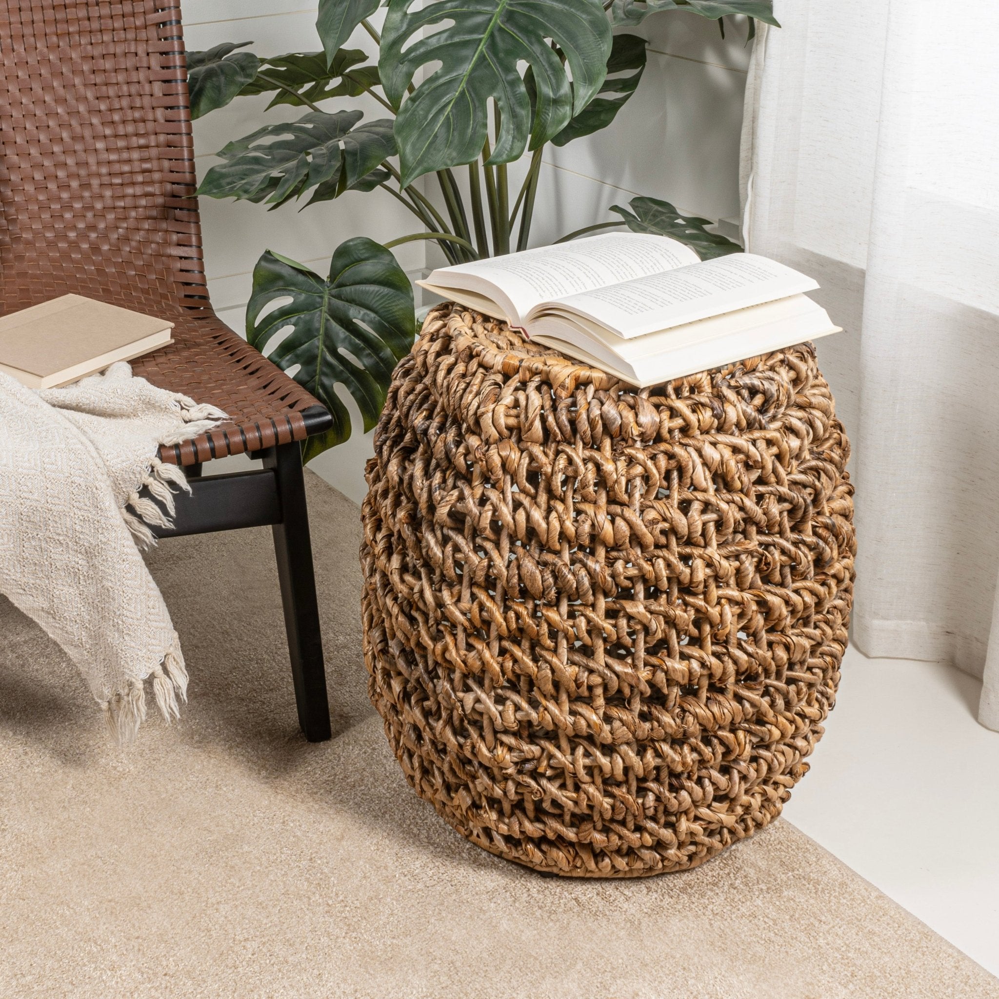 Sage 21" Rustic Bohemian Barrel-Style Abaca/Iron Handwoven Stool - Furniture