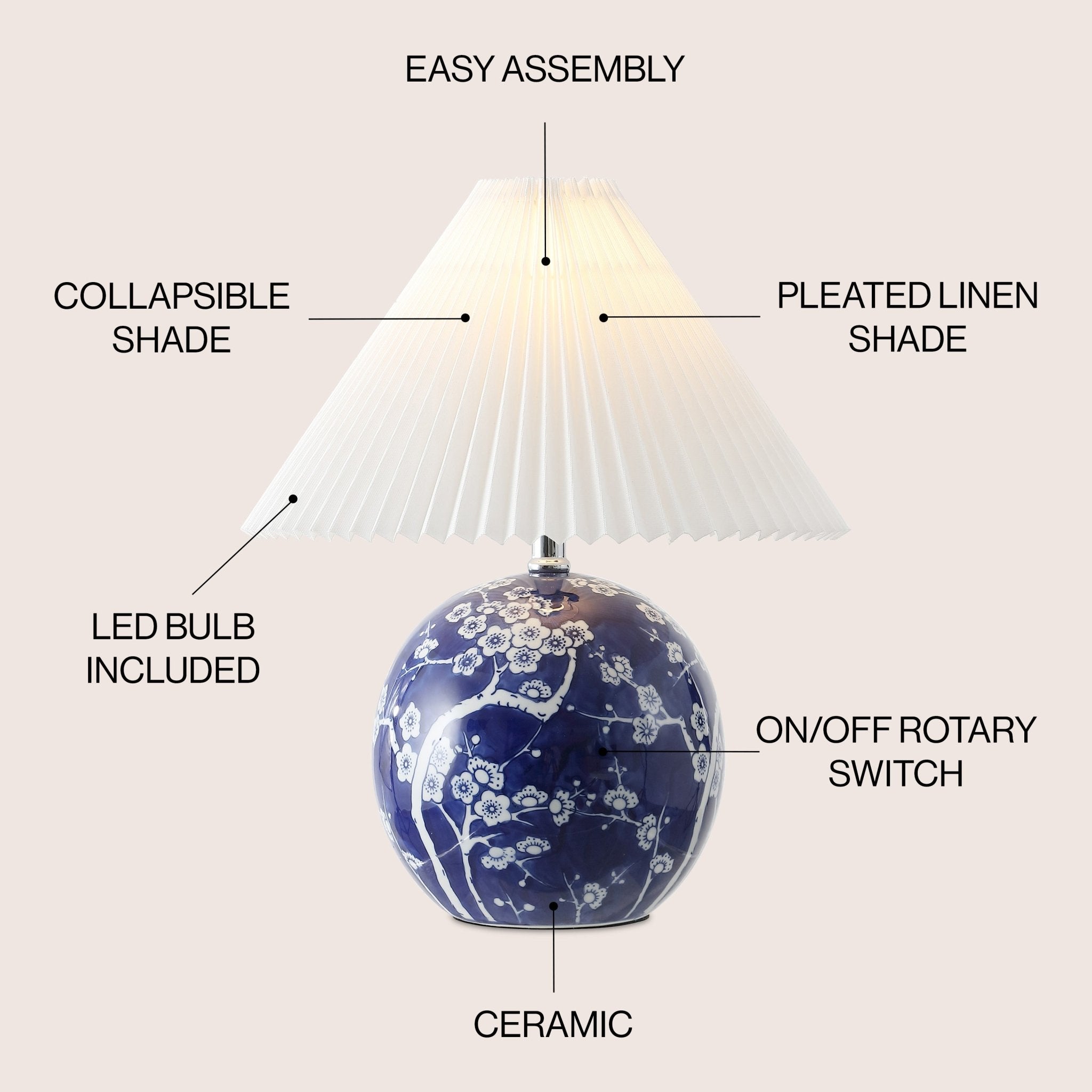 Shishen Cottage Classic Chinoiserie Ceramic Orb LED Table Lamp with Pleated Shade - Table Lamps