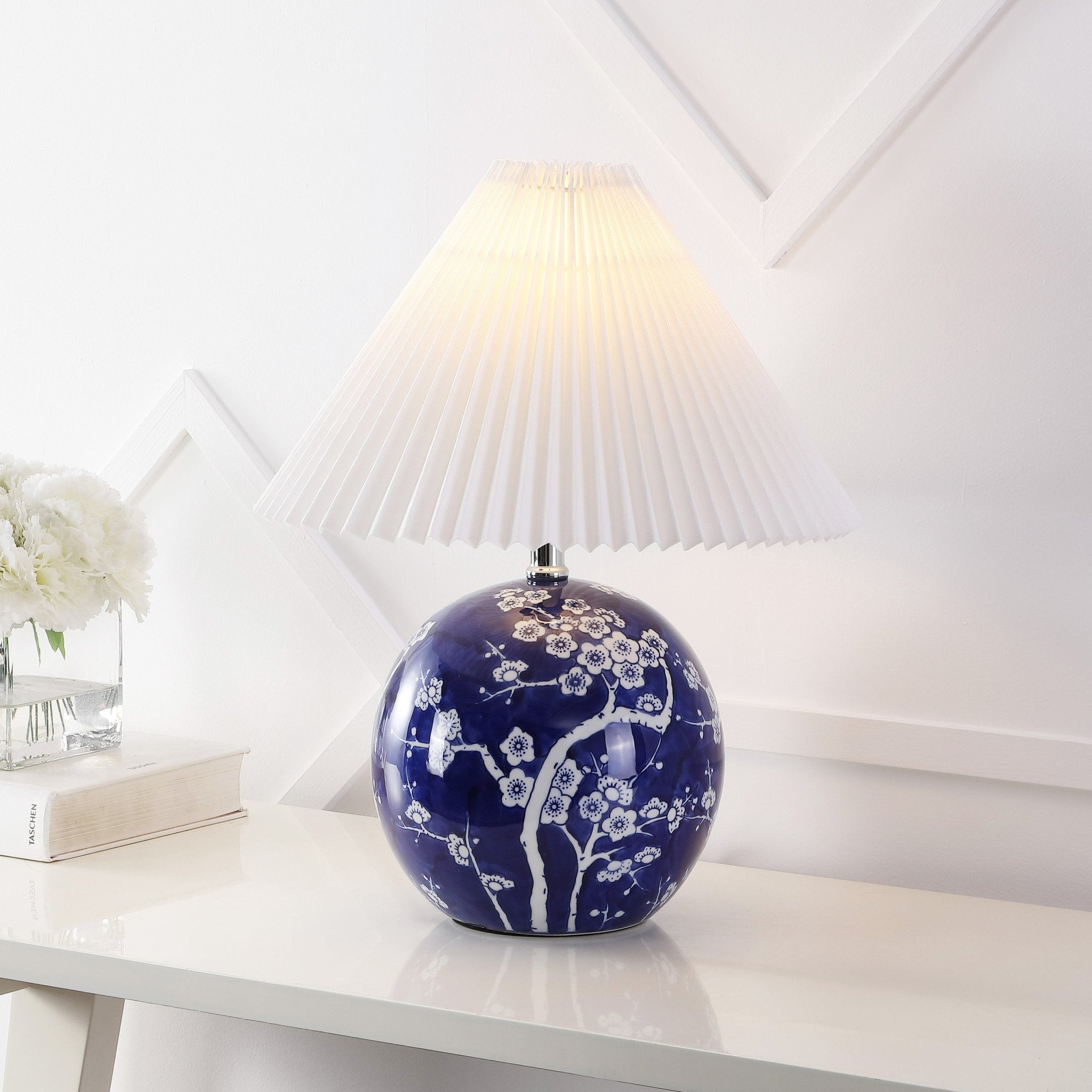 Shishen Cottage Classic Chinoiserie Ceramic Orb LED Table Lamp with Pleated Shade - Table Lamps