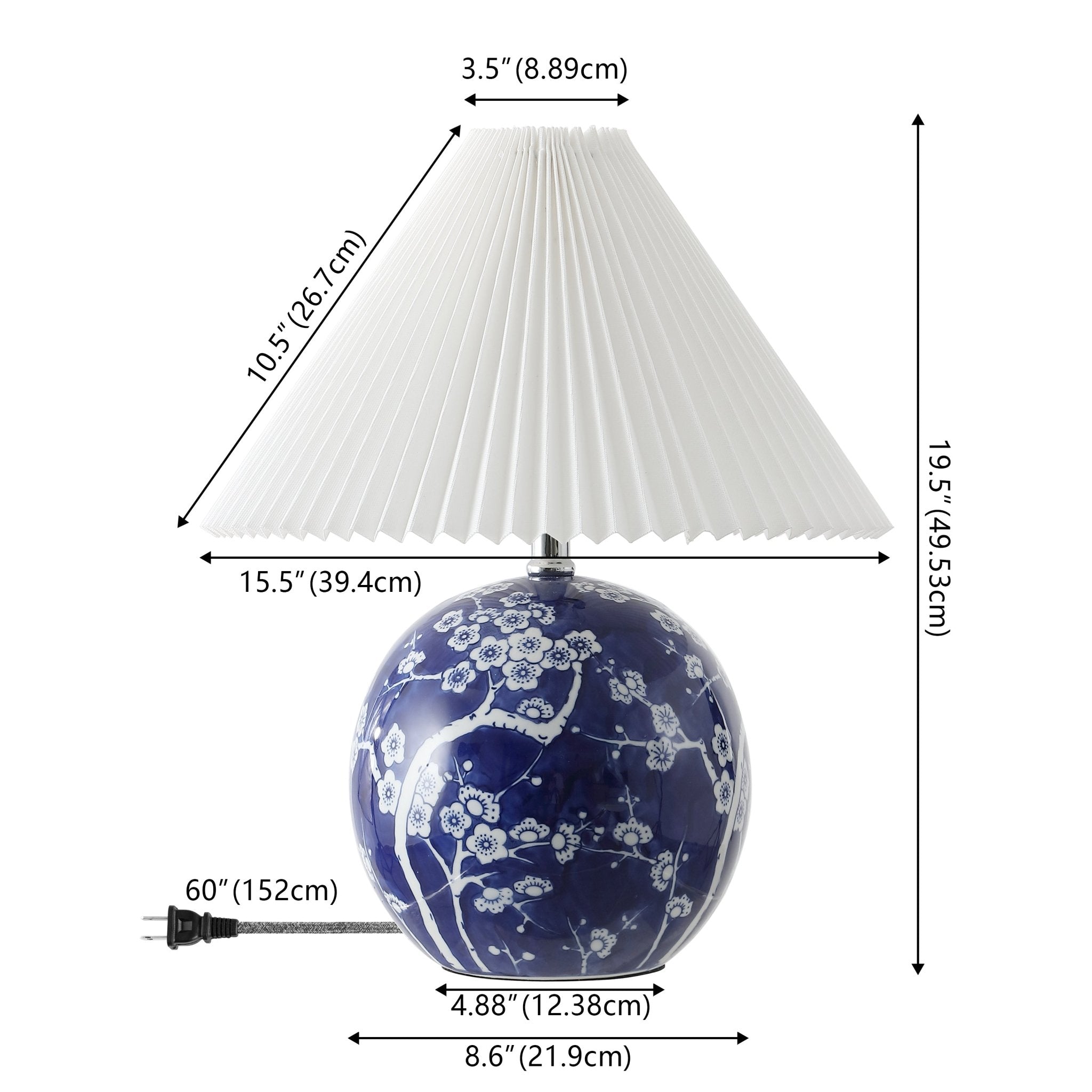 Shishen Cottage Classic Chinoiserie Ceramic Orb LED Table Lamp with Pleated Shade - Table Lamps