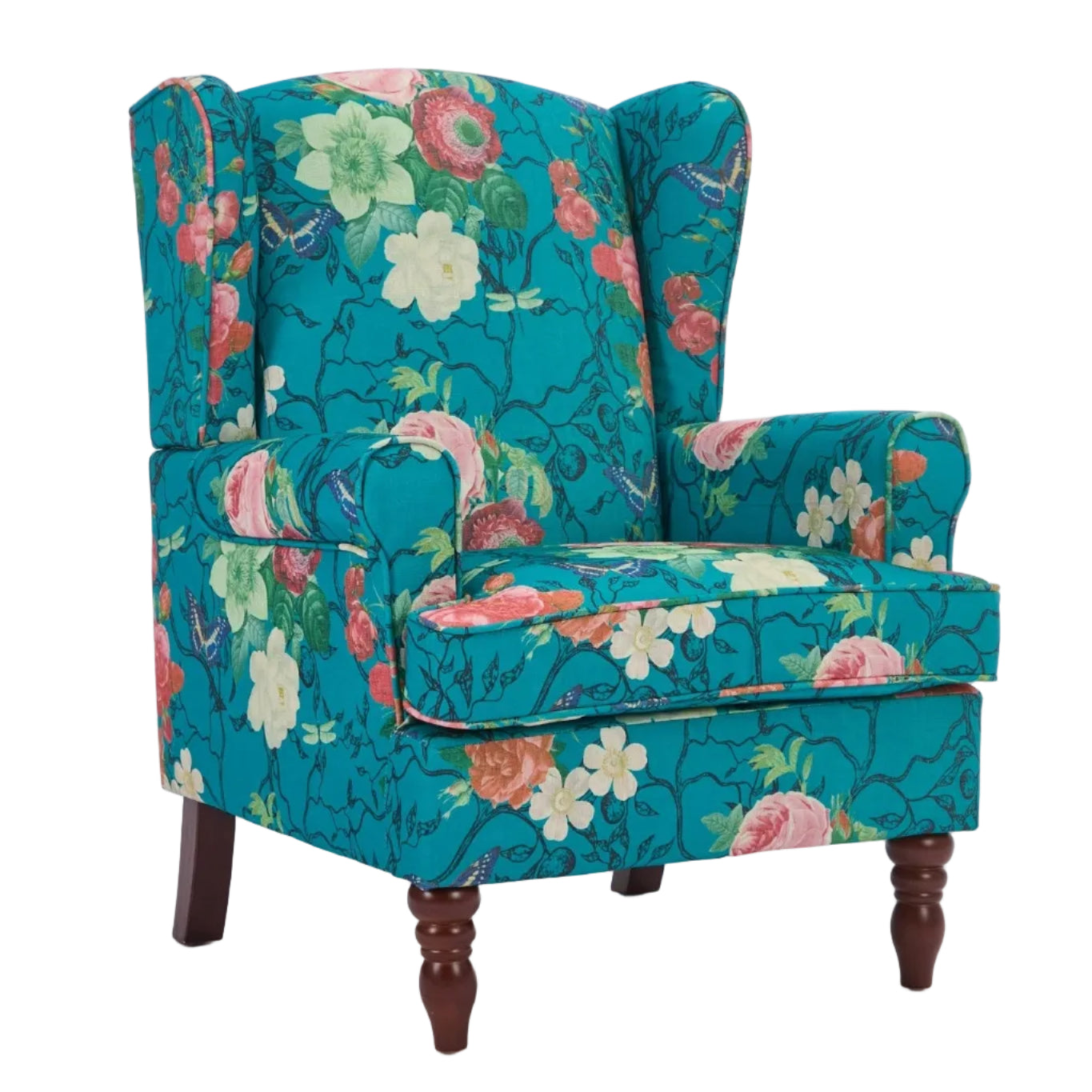 Modern Floral Design Accent Chair with Retro Wood Legs