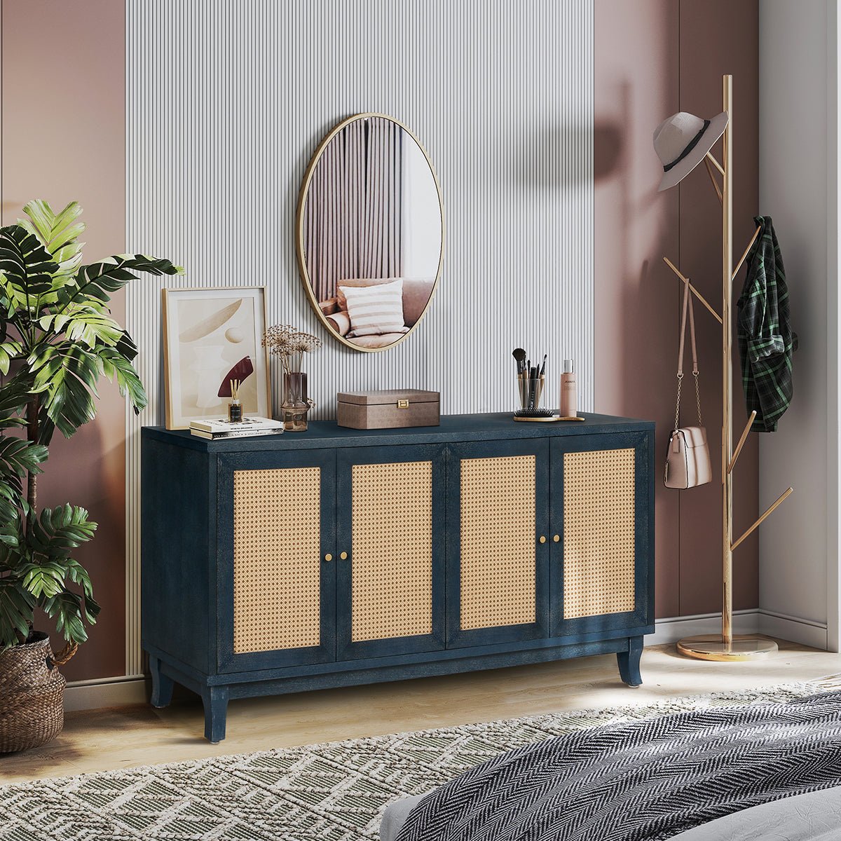 Sideboard with 4 Rattan Doors and Adjustable Shelves, Navy Blue - Buffets & Sideboards