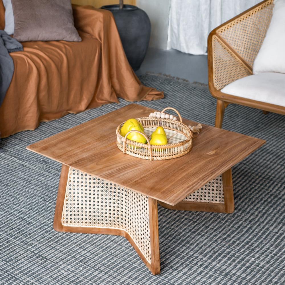 Square Coffee Table with Wooden Top and Rattan Base - Coffee Tables