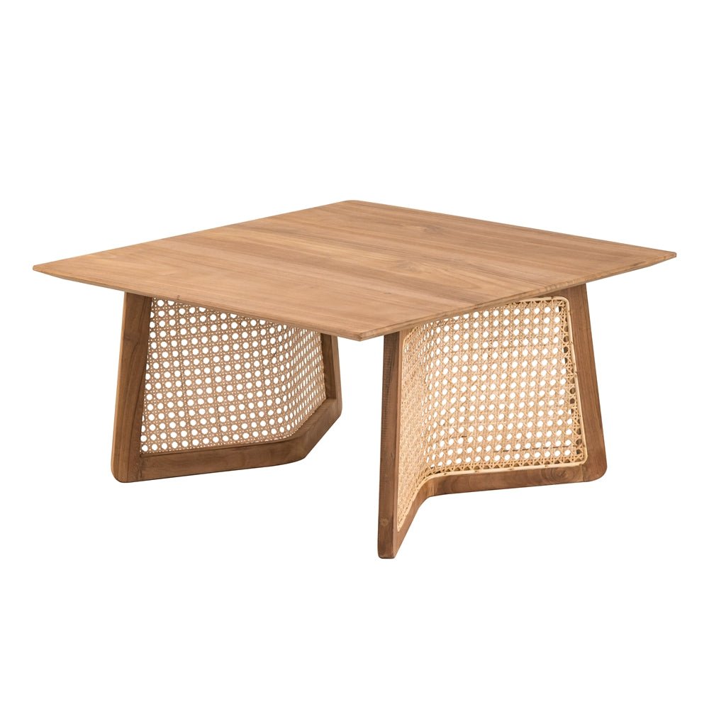 Square Coffee Table with Wooden Top and Rattan Base - Coffee Tables