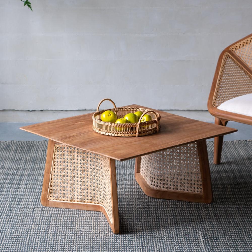 Square Coffee Table with Wooden Top and Rattan Base - Coffee Tables