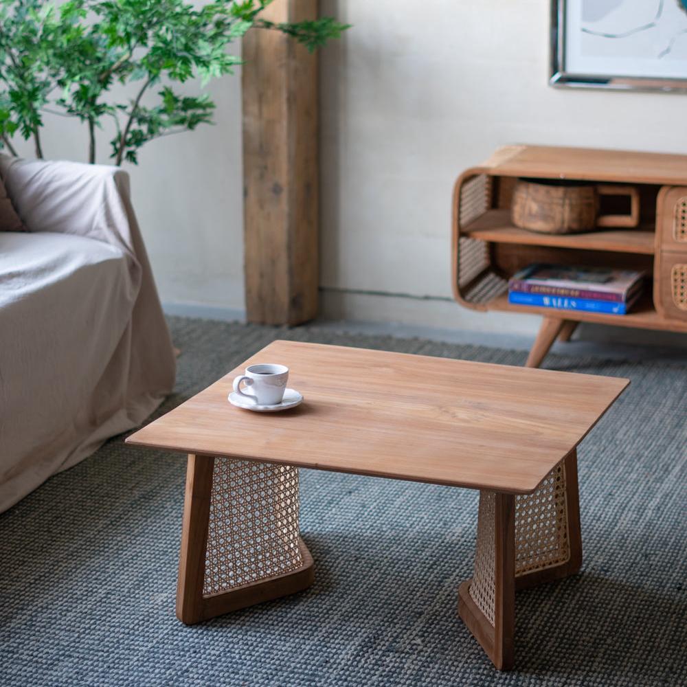 Square Coffee Table with Wooden Top and Rattan Base - Coffee Tables