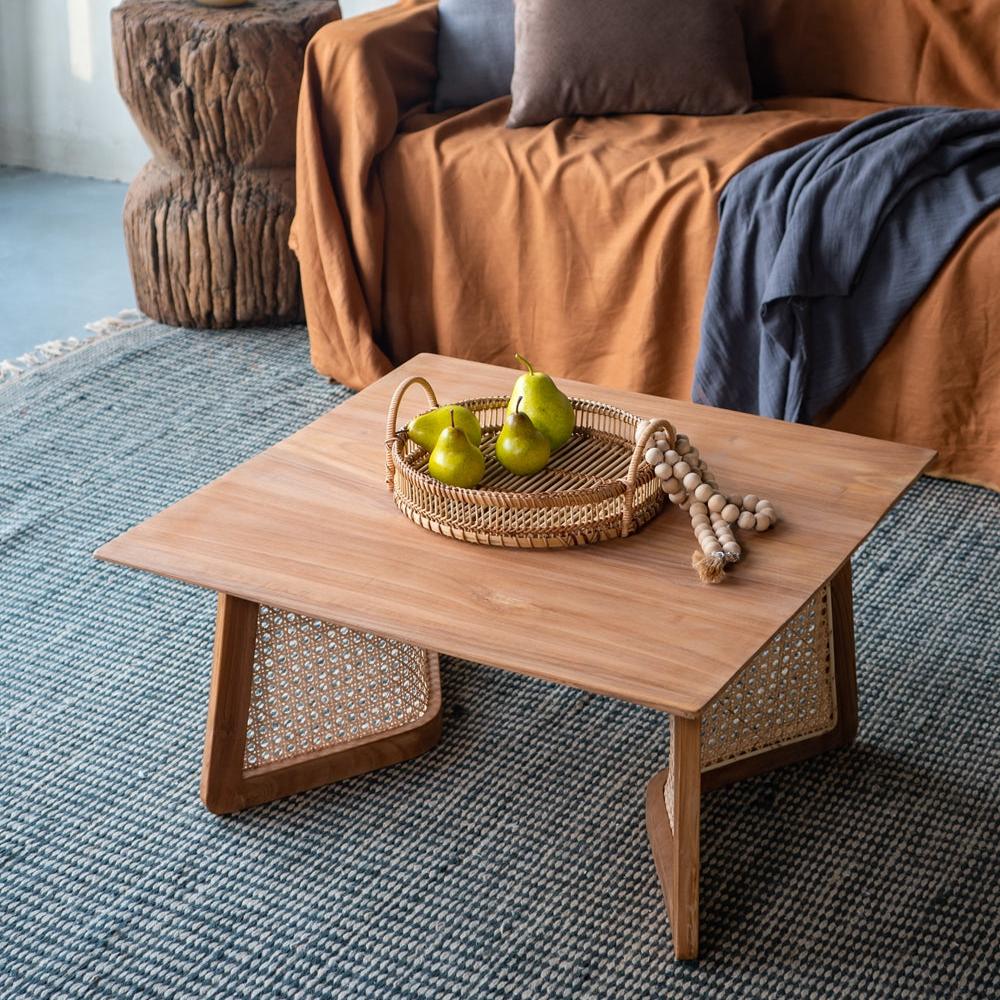Square Coffee Table with Wooden Top and Rattan Base - Coffee Tables