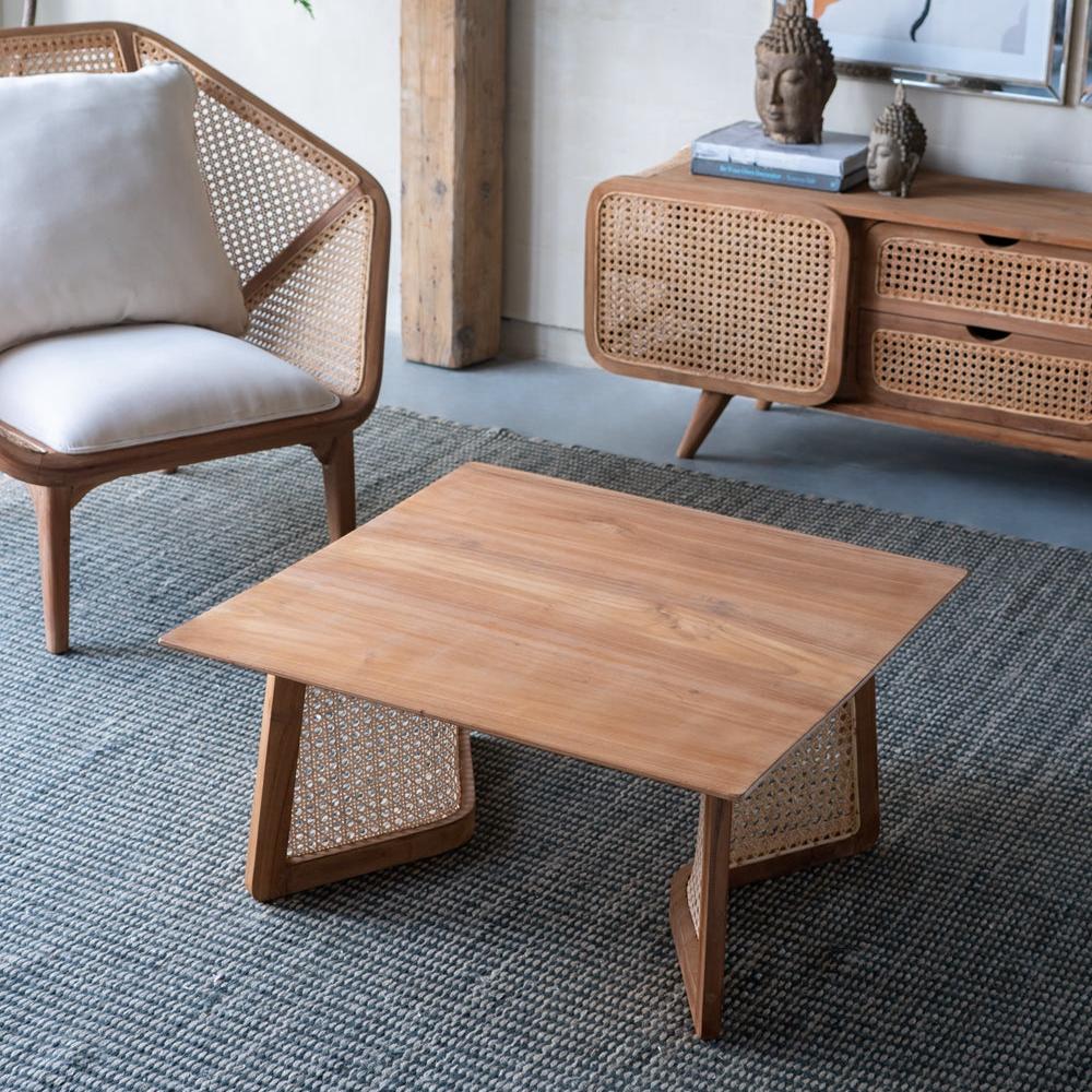 Square Coffee Table with Wooden Top and Rattan Base - Coffee Tables