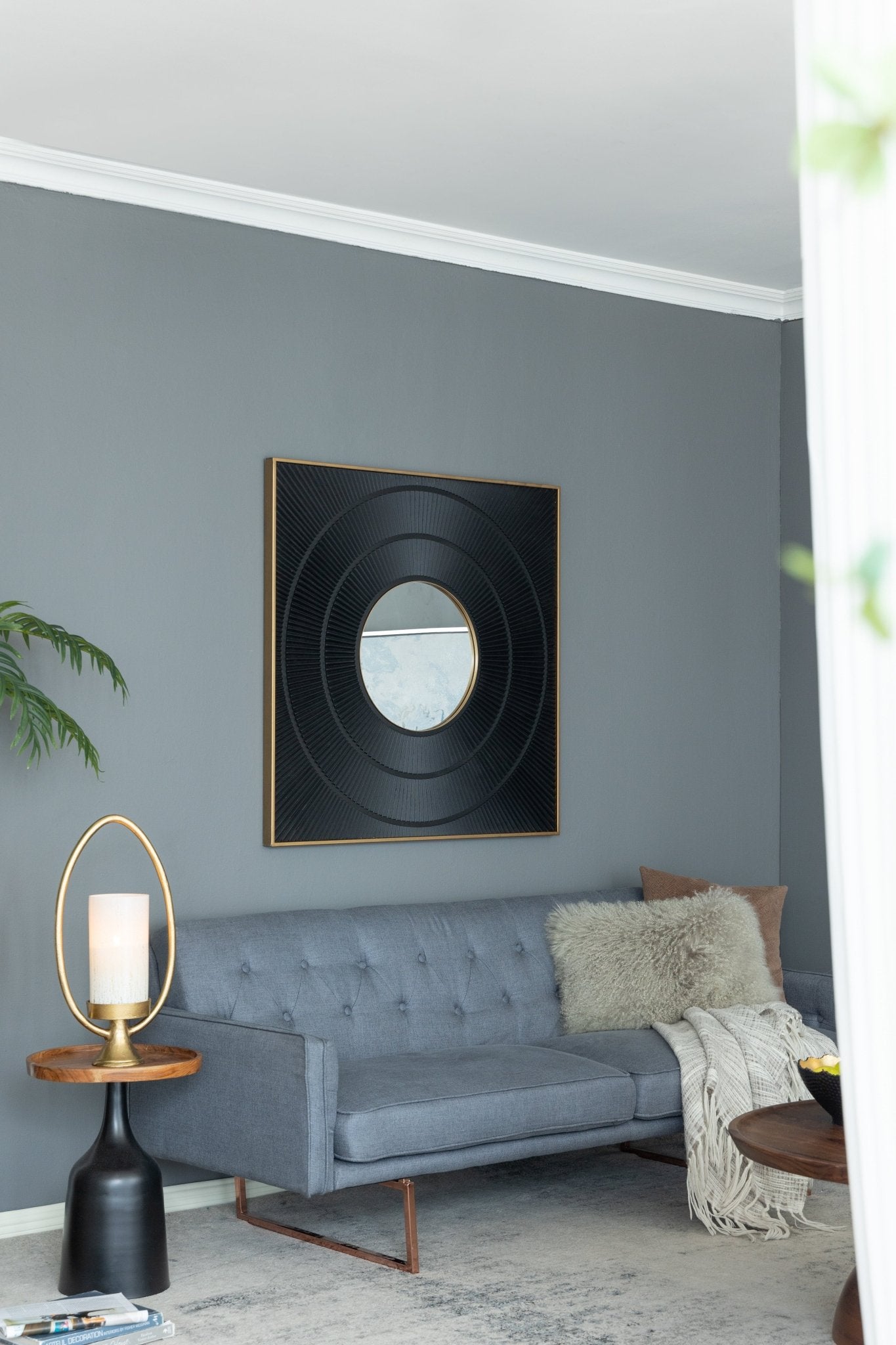 Square Wall Mirror with Pleated Design and Gold Iron Frame - Mirrors