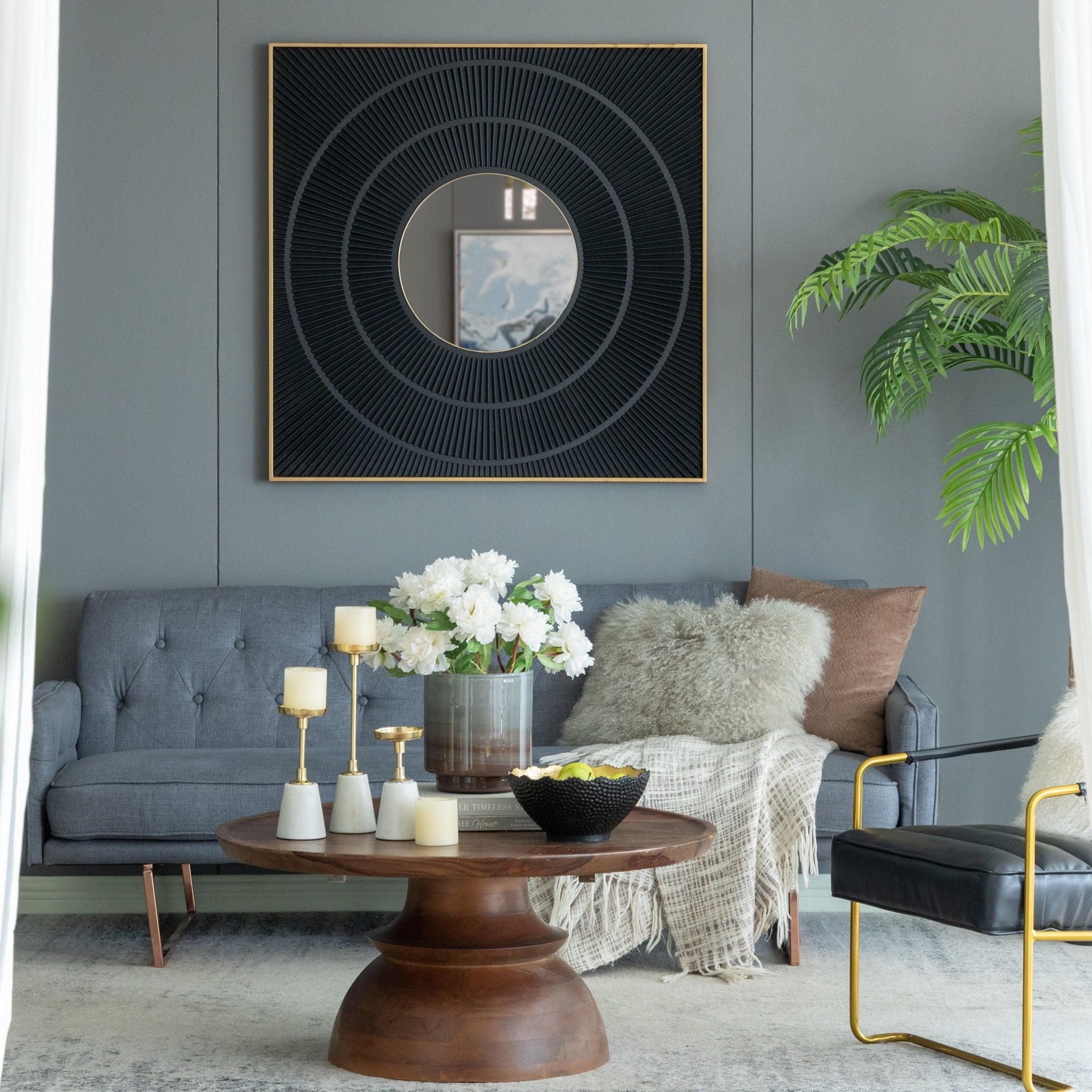 Square Wall Mirror with Pleated Design and Gold Iron Frame - Mirrors