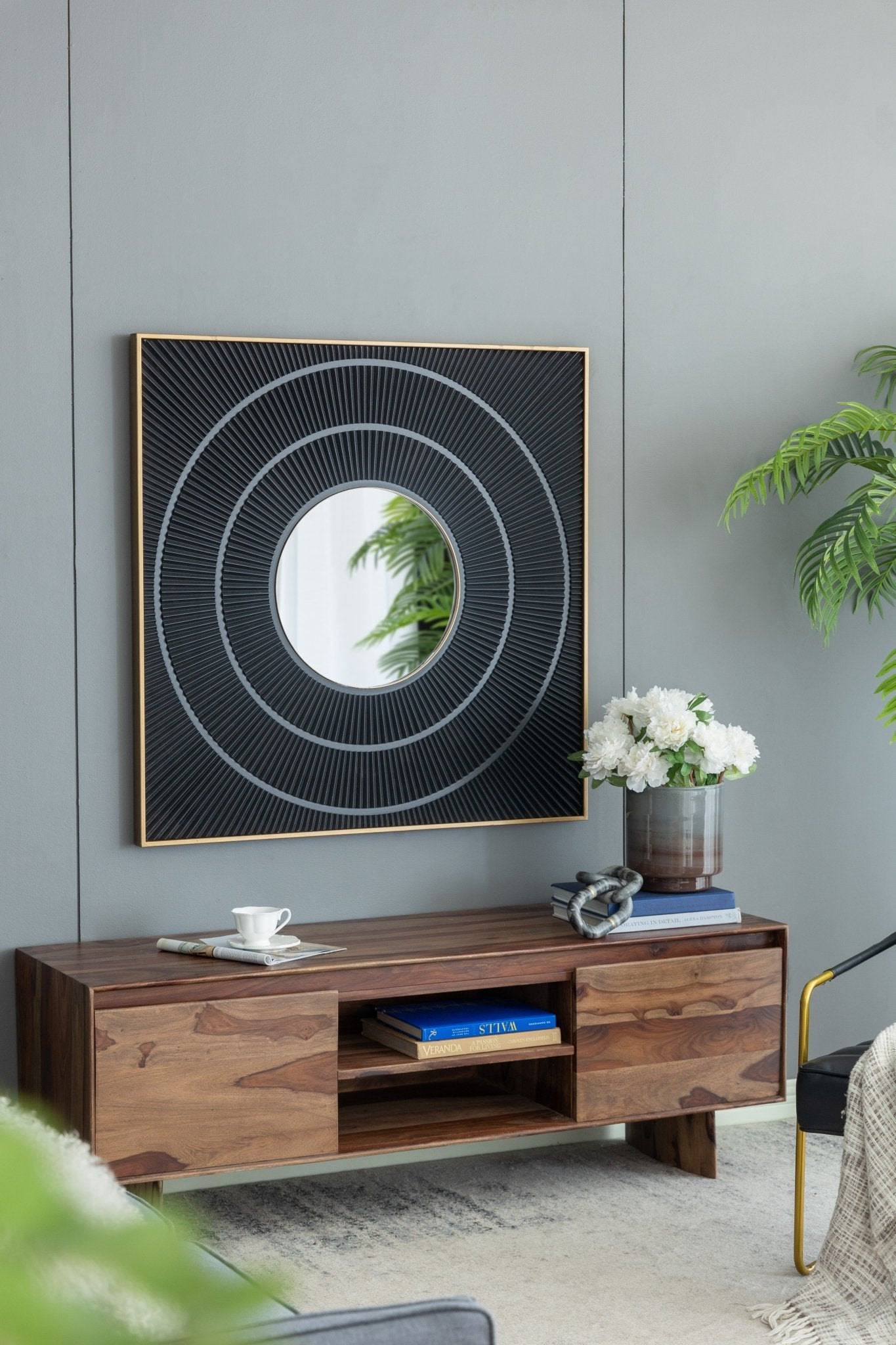 Square Wall Mirror with Pleated Design and Gold Iron Frame - Mirrors