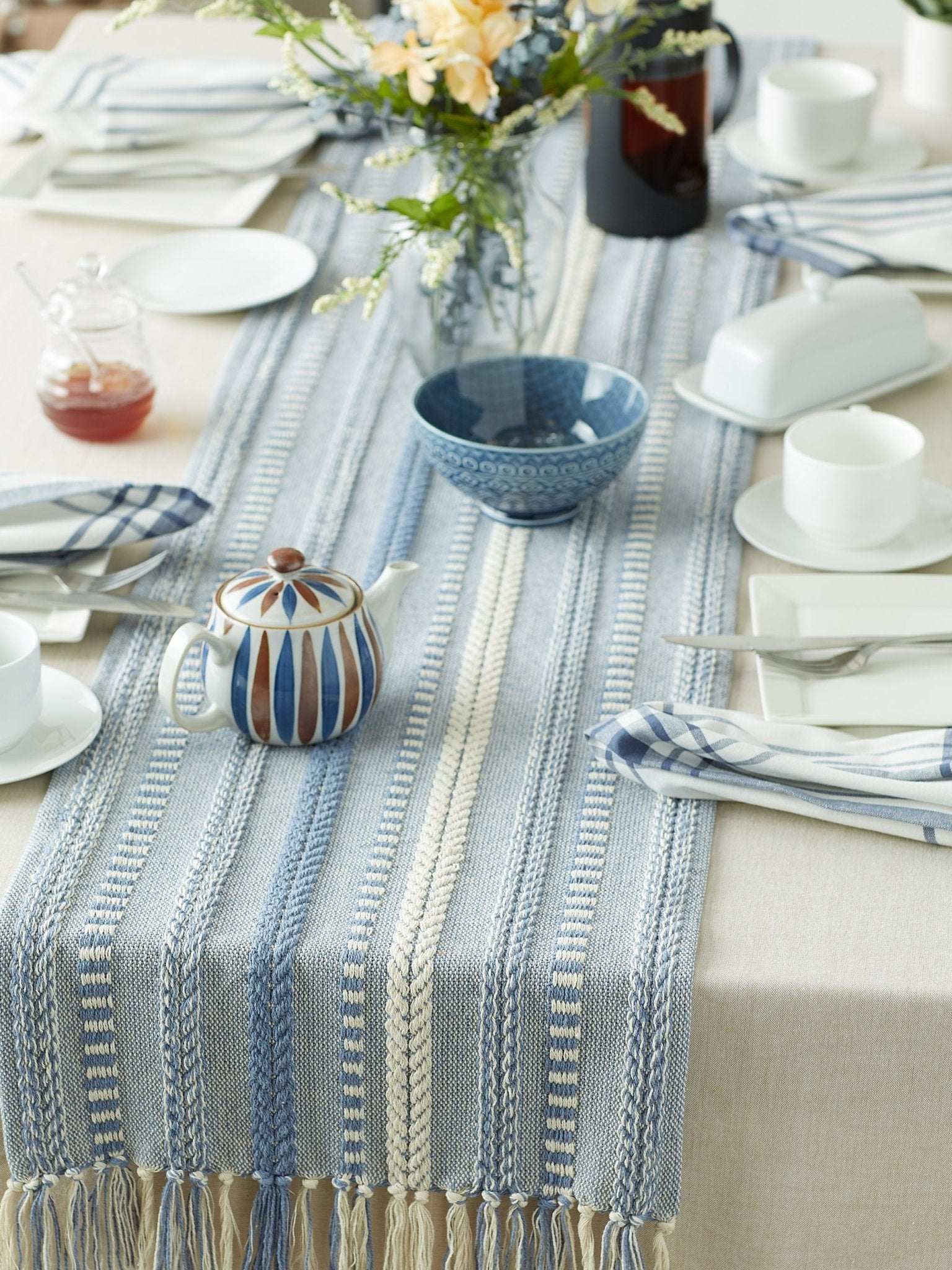Stonewash Blue Braided Stripe Table Runner 15X72 - Table Runners