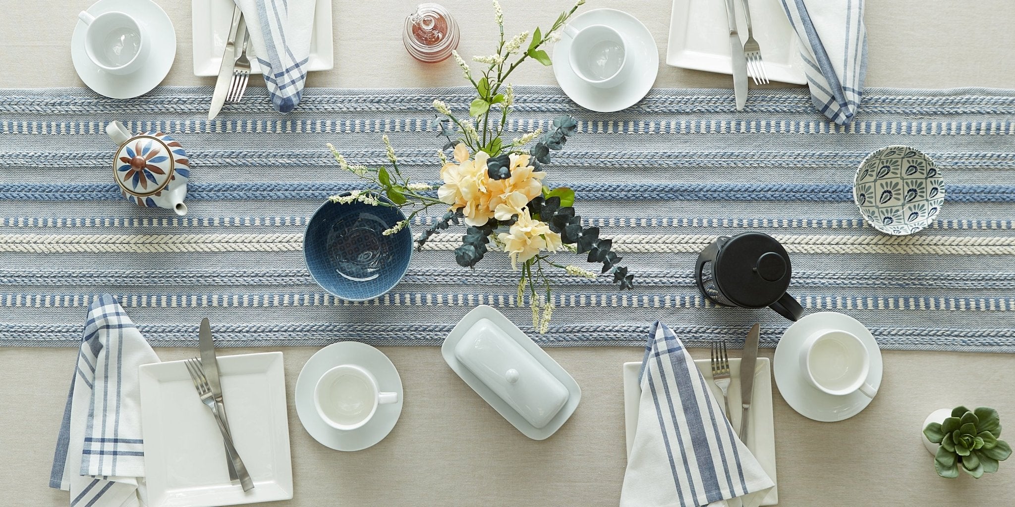Stonewash Blue Braided Stripe Table Runner 15X72 - Table Runners