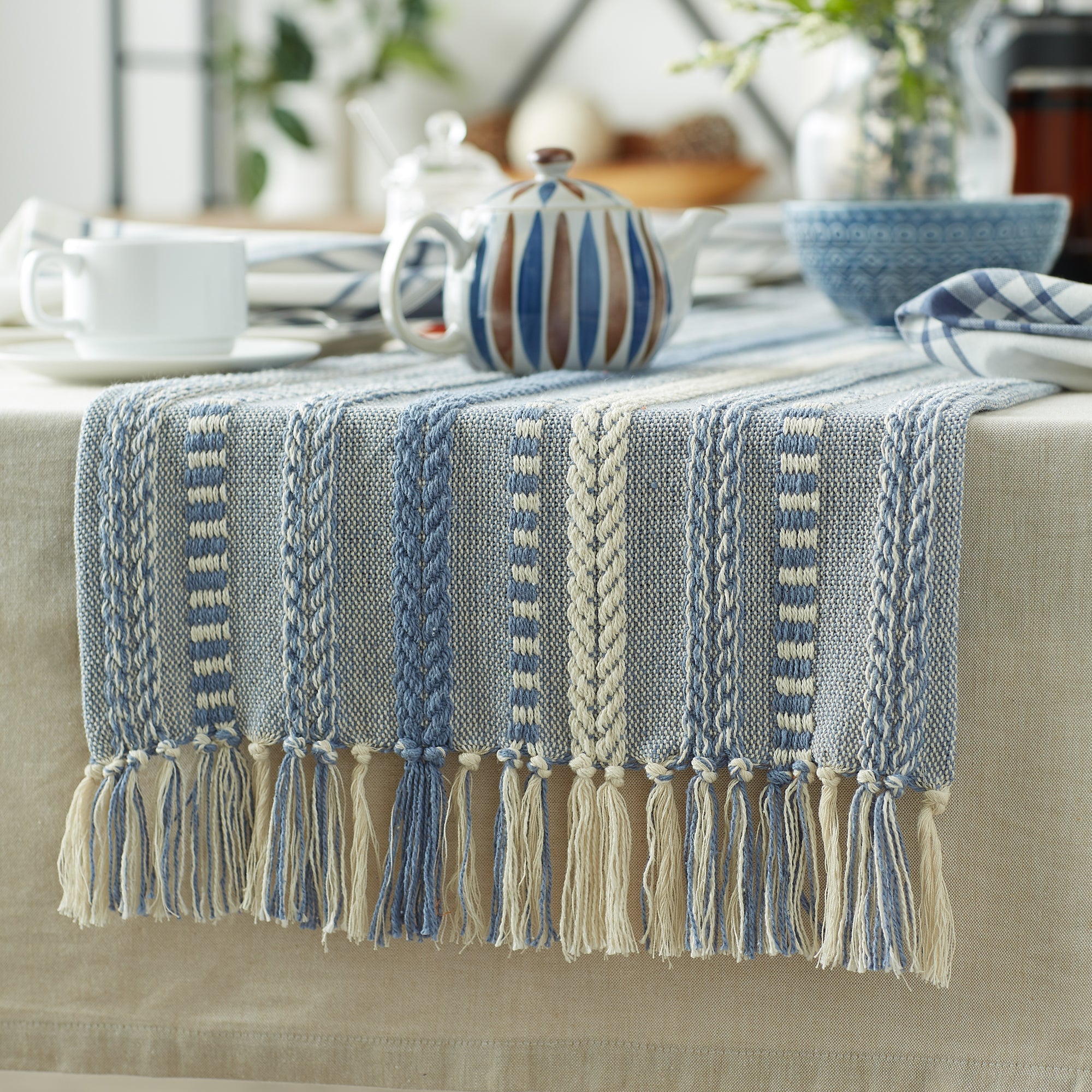 Stonewash Blue Braided Stripe Table Runner 15X72 - Table Runners