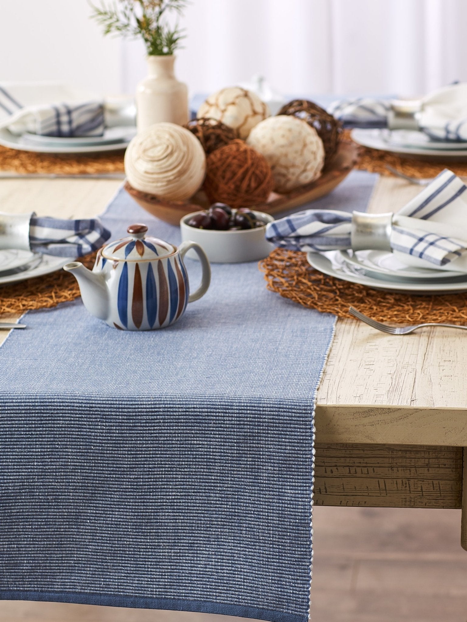 Stonewash Blue/White 2 - Tone Ribbed Table Runner 13X108 - Table Runners