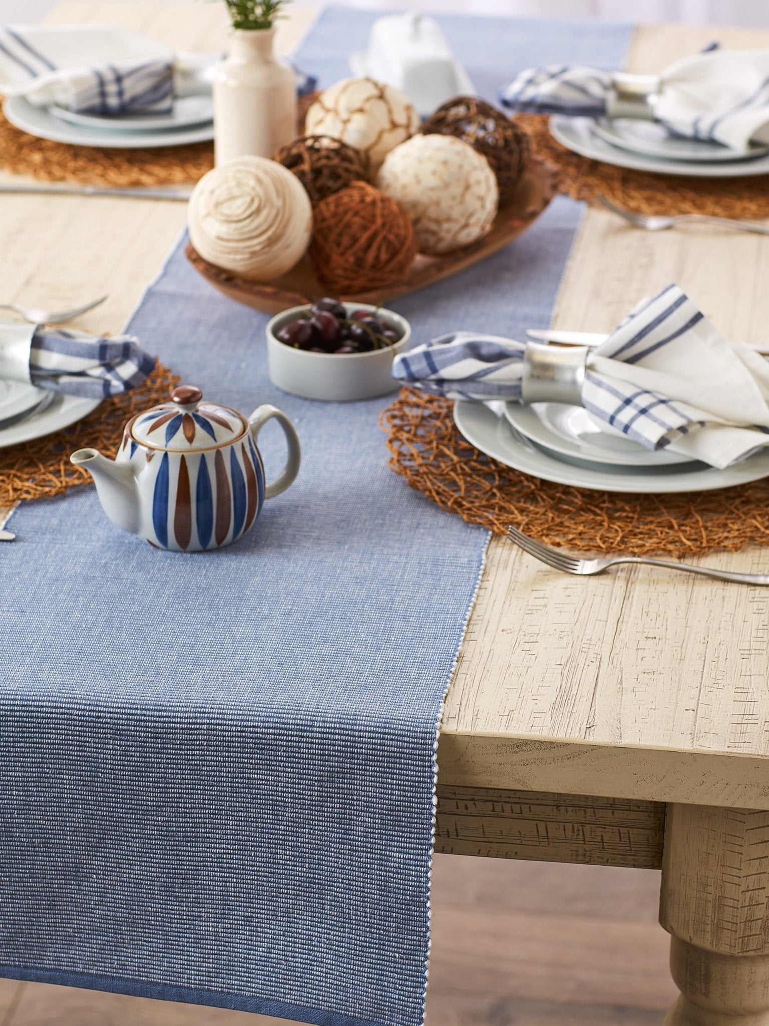 Stonewash Blue/White 2 - Tone Ribbed Table Runner 13X108 - Table Runners