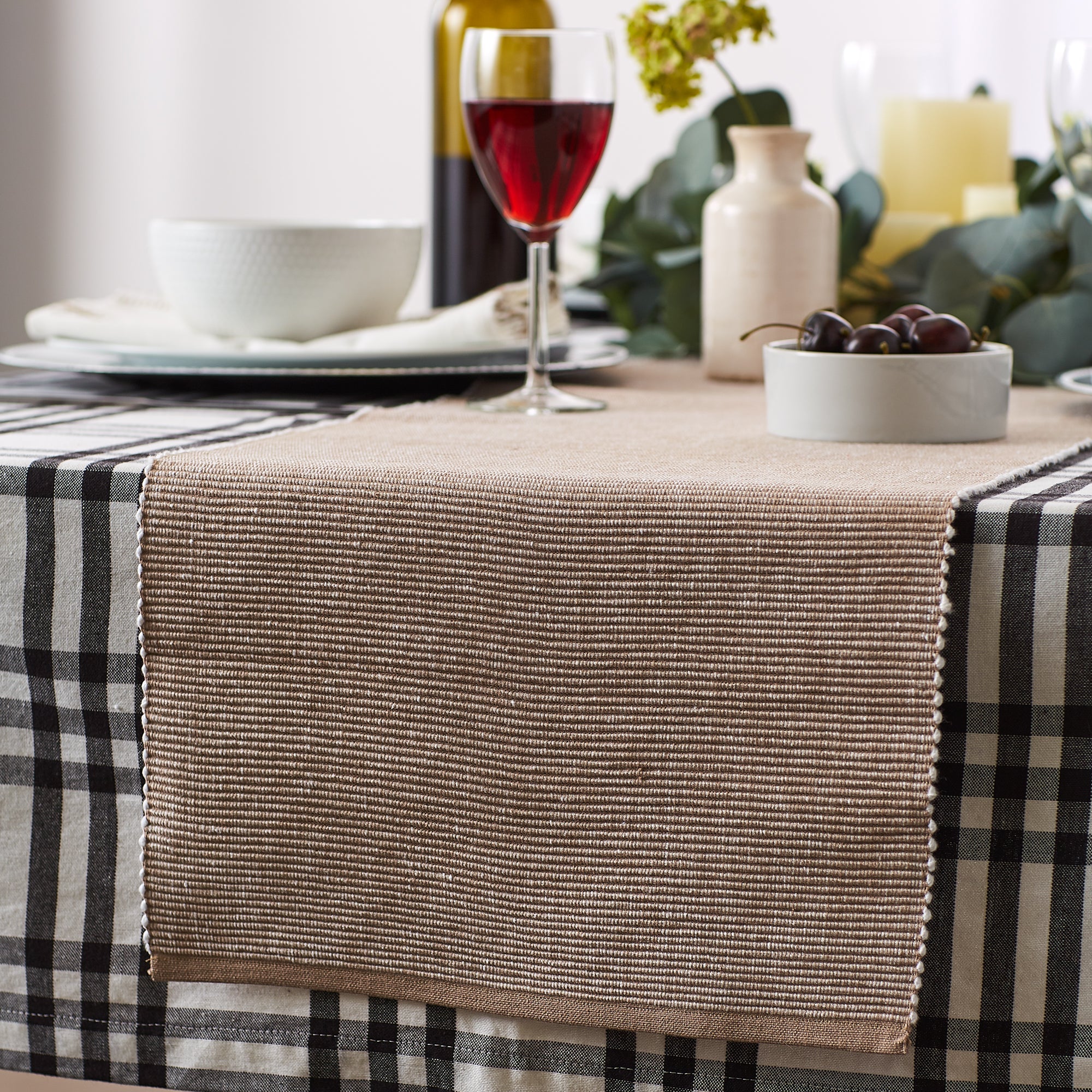 Stone/White 2 - Tone Ribbed Table Runner 13X72 - Table Runners