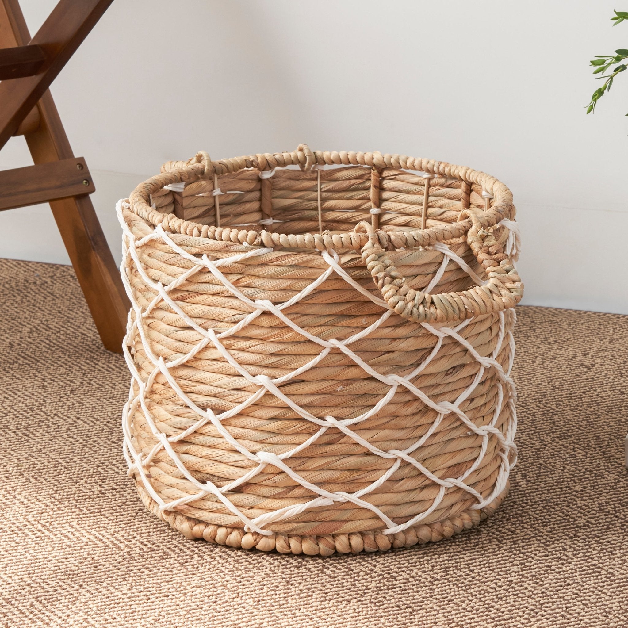 Storage Basket with Handles and Twisted Weave Pattern - Baskets