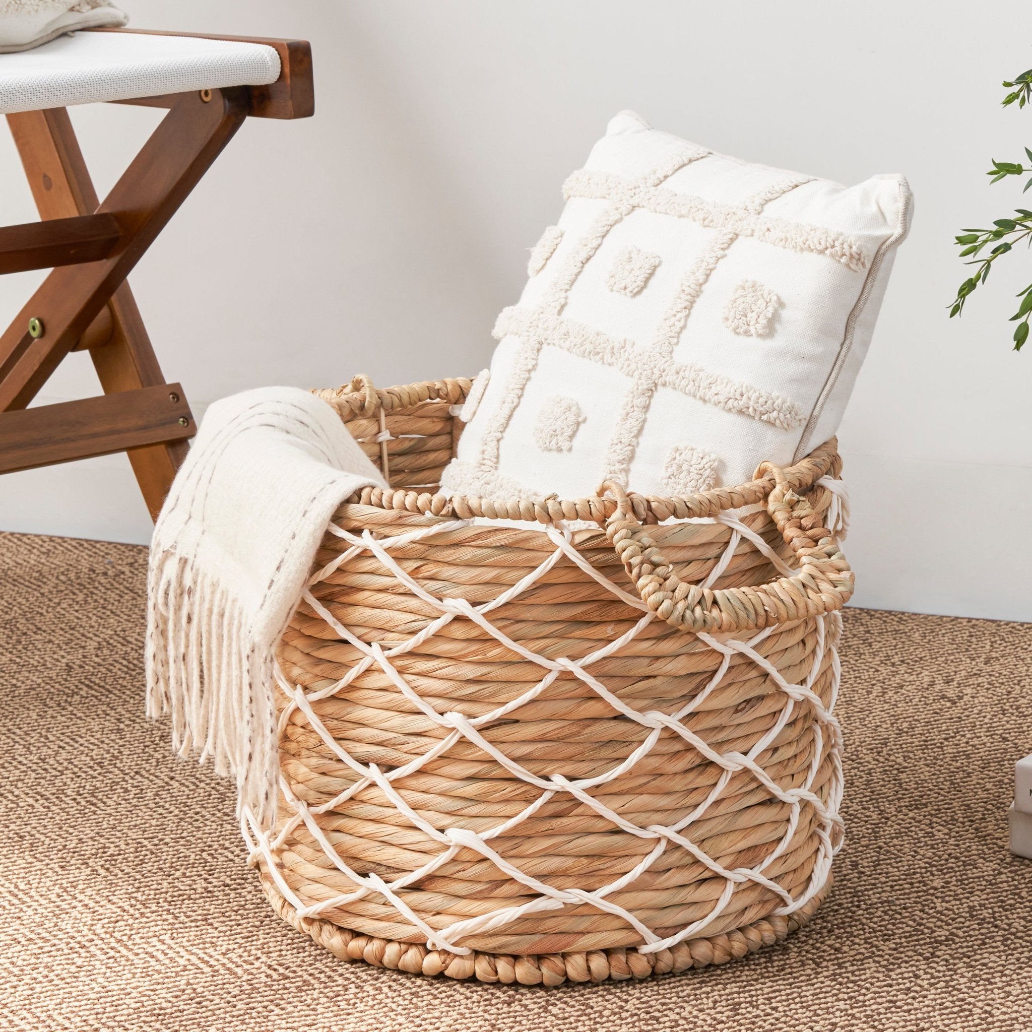 Storage Basket with Handles and Twisted Weave Pattern - Baskets
