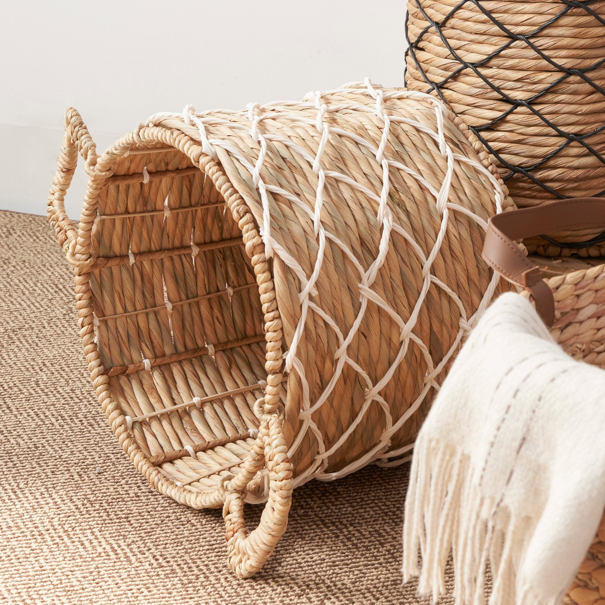 Storage Basket with Handles and Twisted Weave Pattern - Baskets