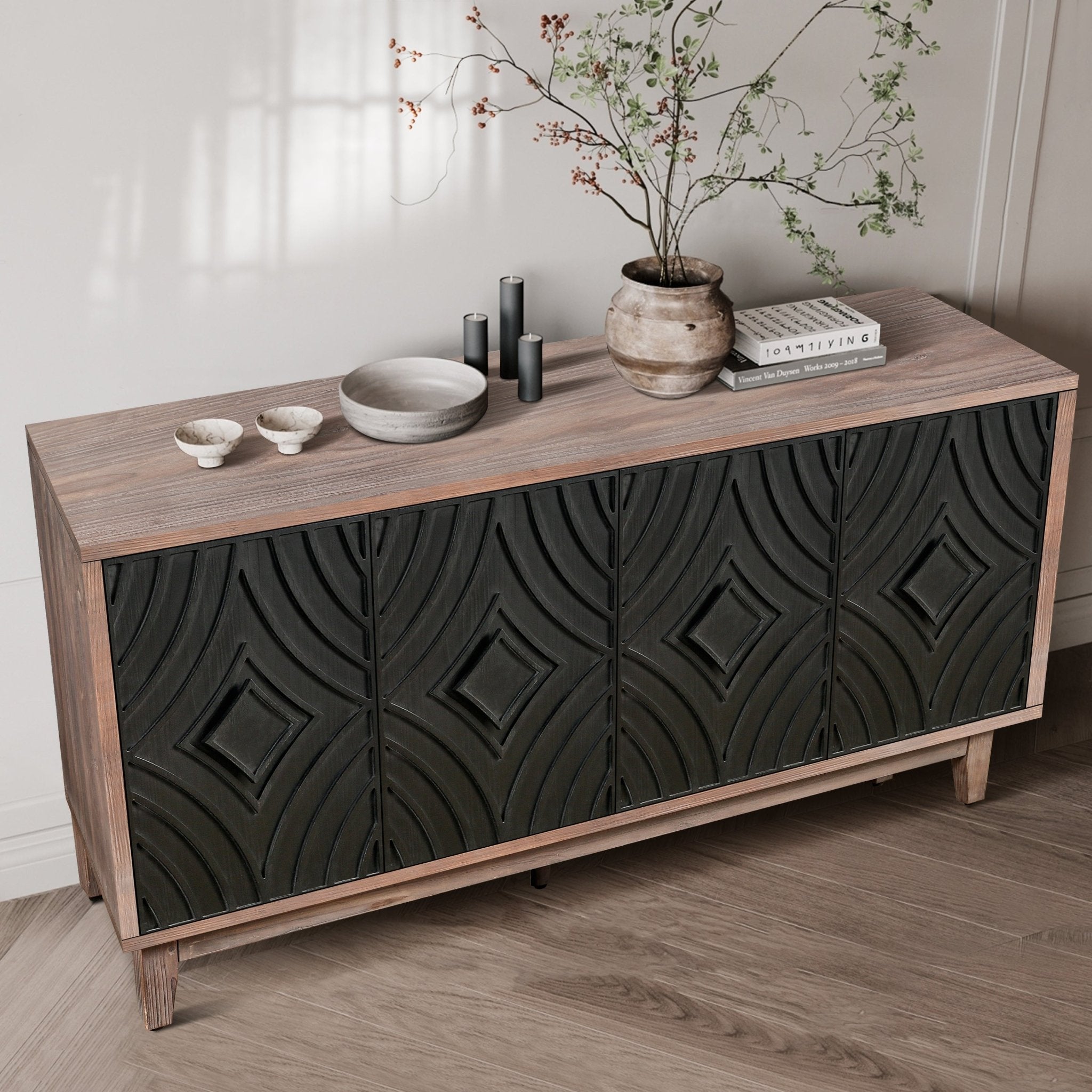Storage Cabinet with 4 Convex Pattern Diamond Doors and Shelves - Cabinets