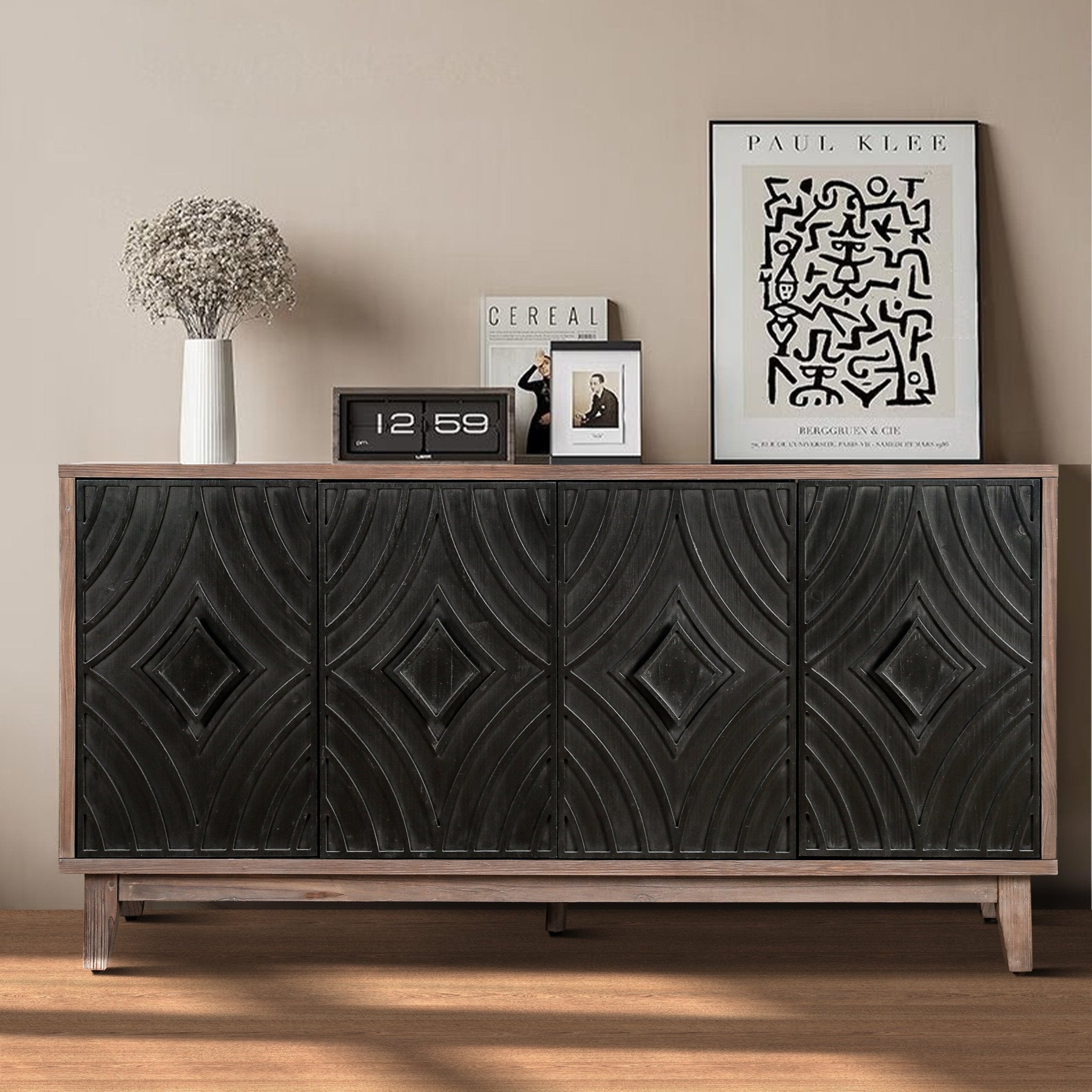 Storage Cabinet with 4 Convex Pattern Diamond Doors and Shelves - Cabinets