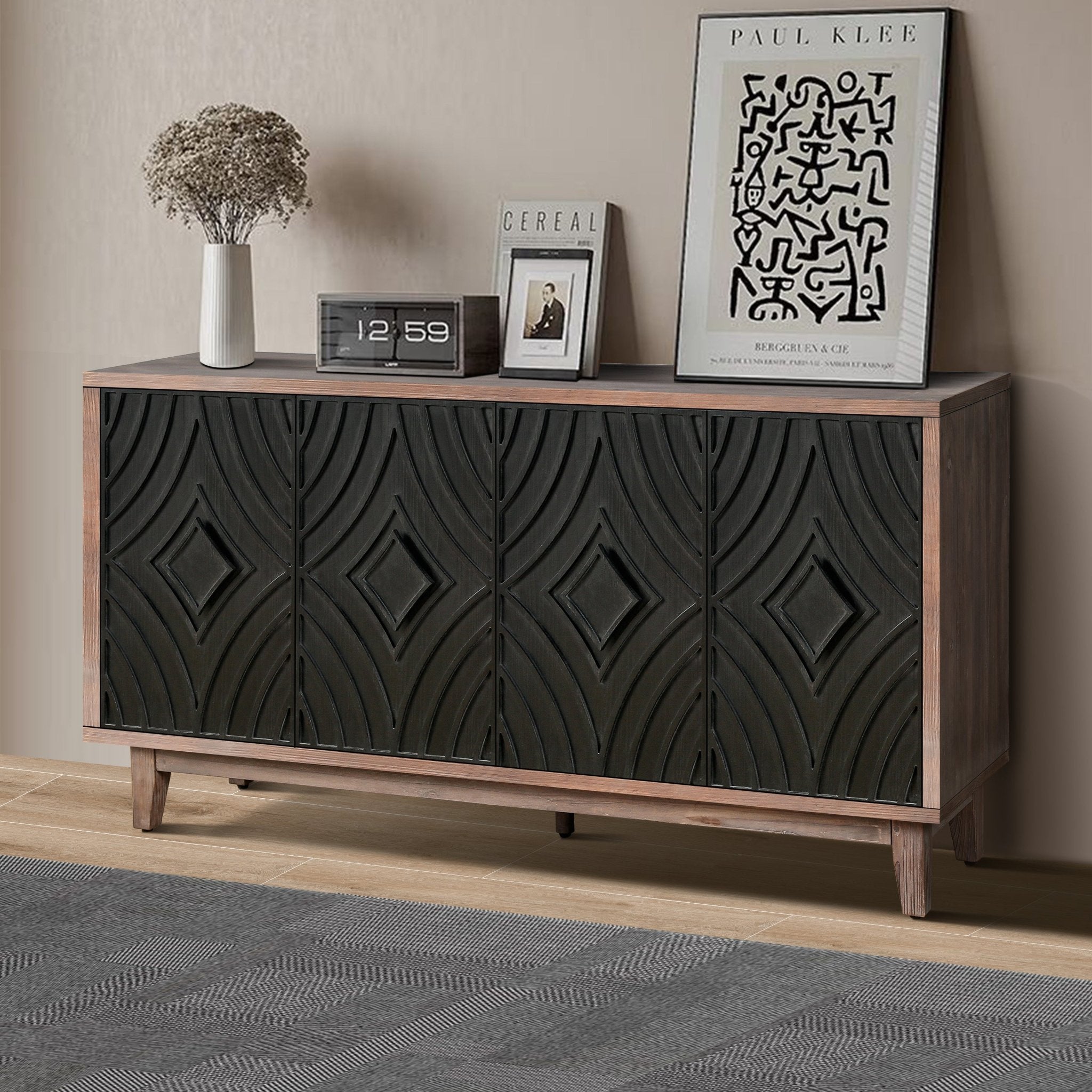 Storage Cabinet with 4 Convex Pattern Diamond Doors and Shelves - Cabinets