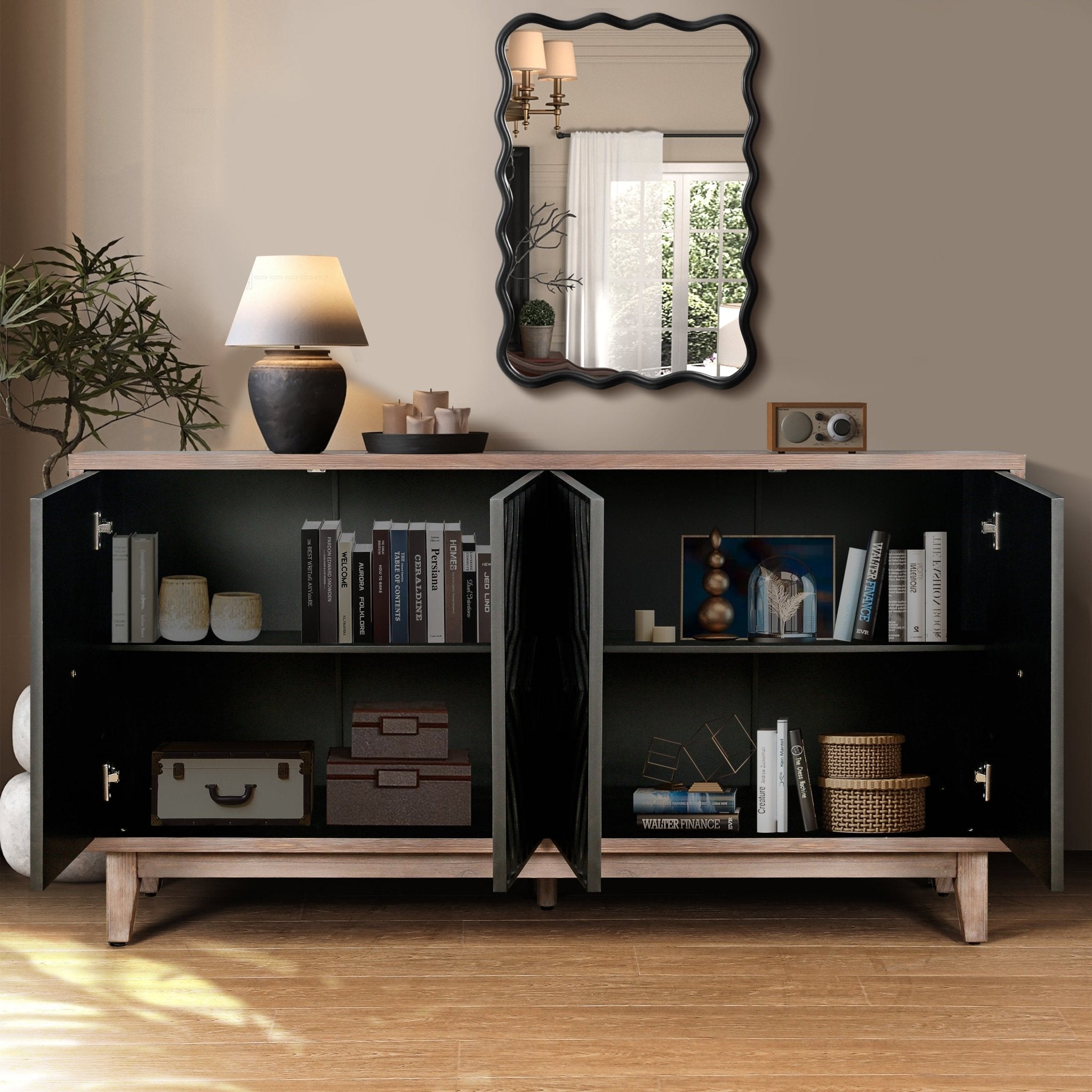 Storage Cabinet with 4 Convex Pattern Diamond Doors and Shelves - Cabinets