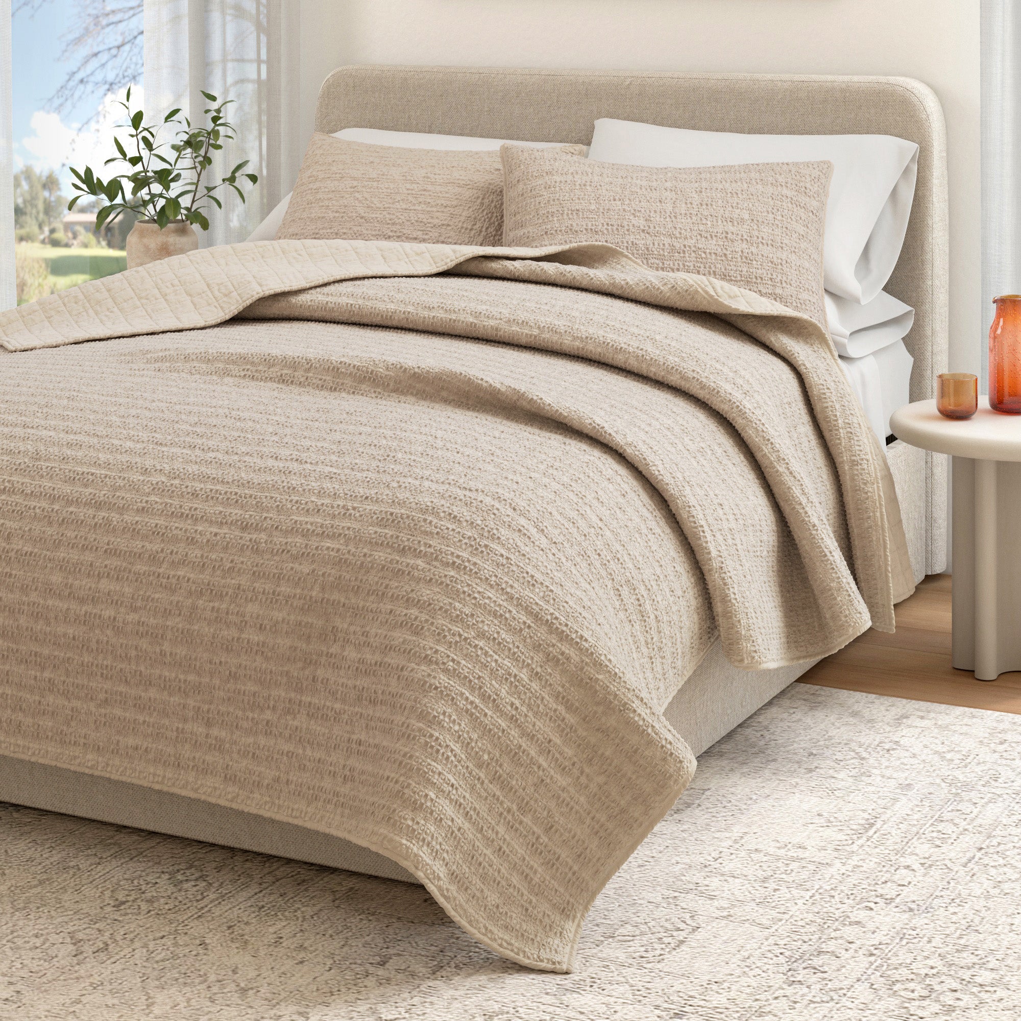 100% Cotton Garment Washed Honeycomb Waffle Quilt and Sham Set