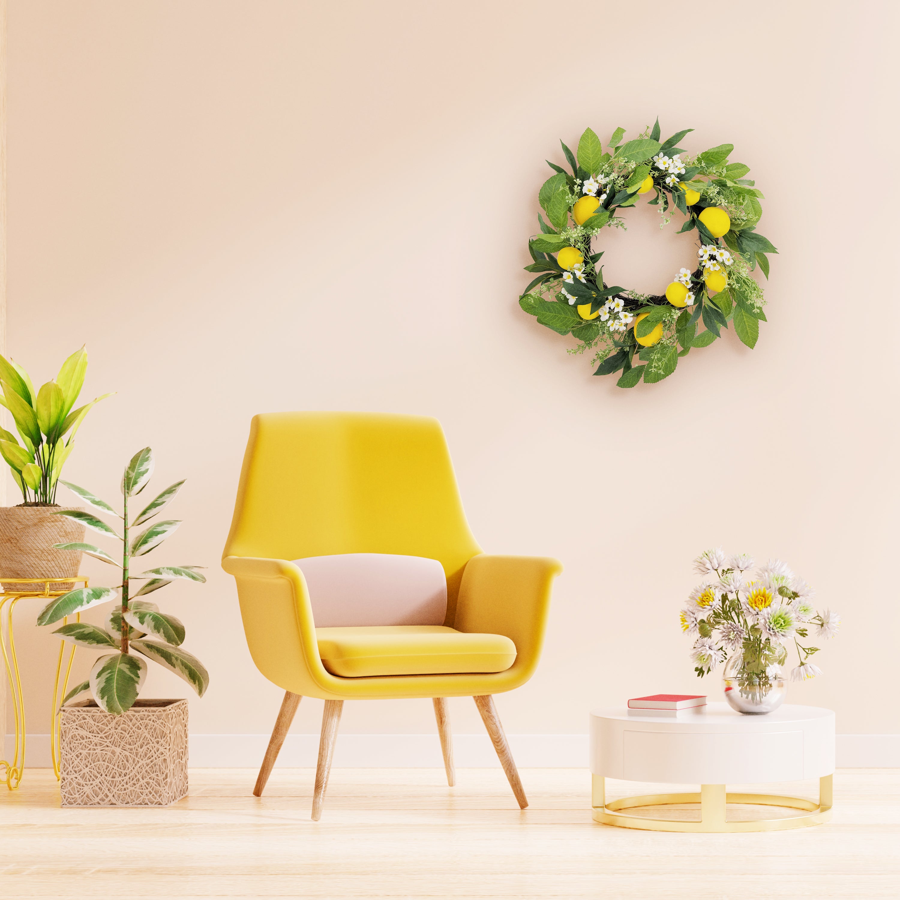 24" Artificial Multiicolor Daisy Floral Spring Door Wreath with Lemons