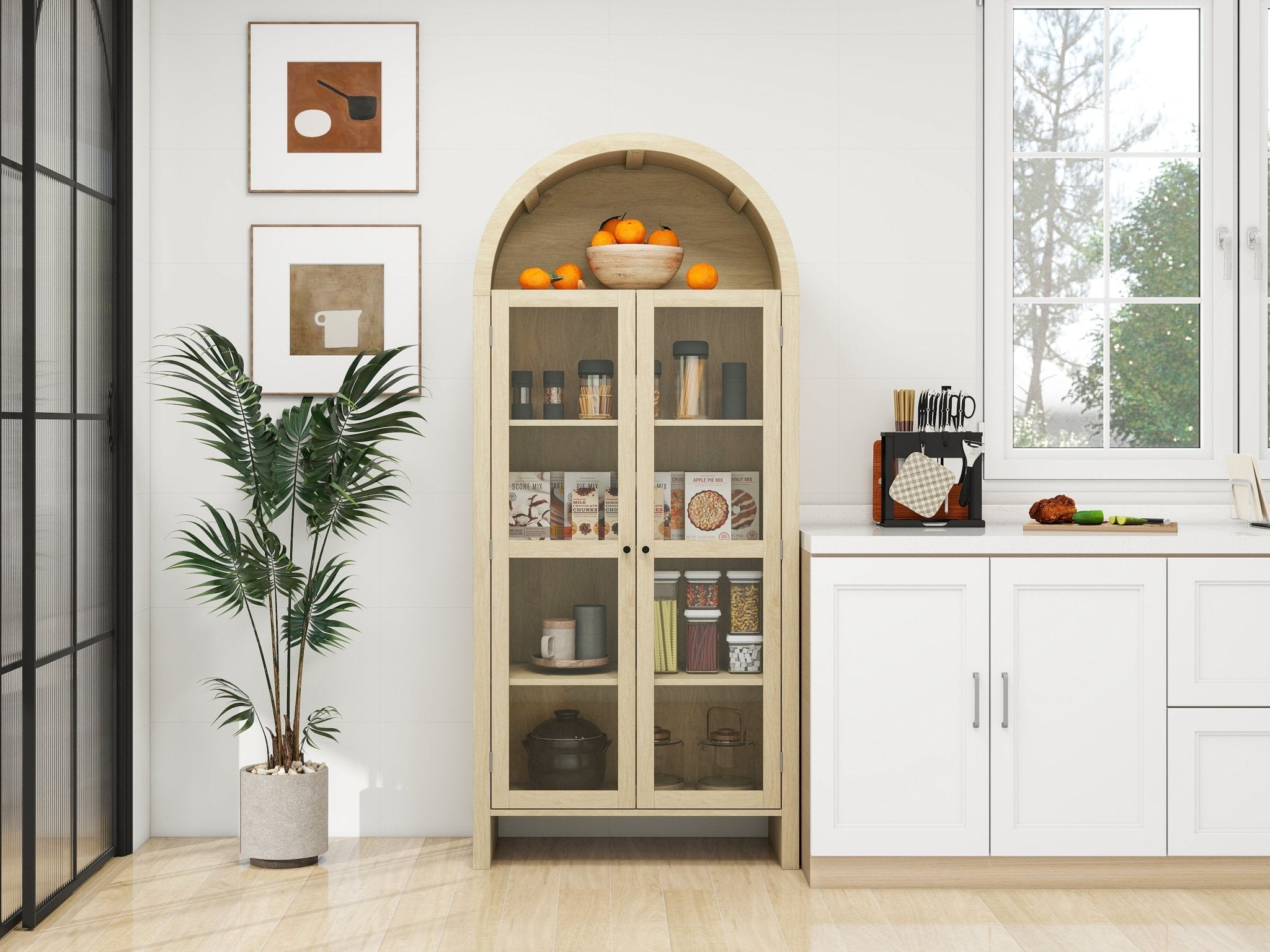Tall Arched Display Cabinet with 2 Glass Doors and Adjustable Shelves - Cabinets