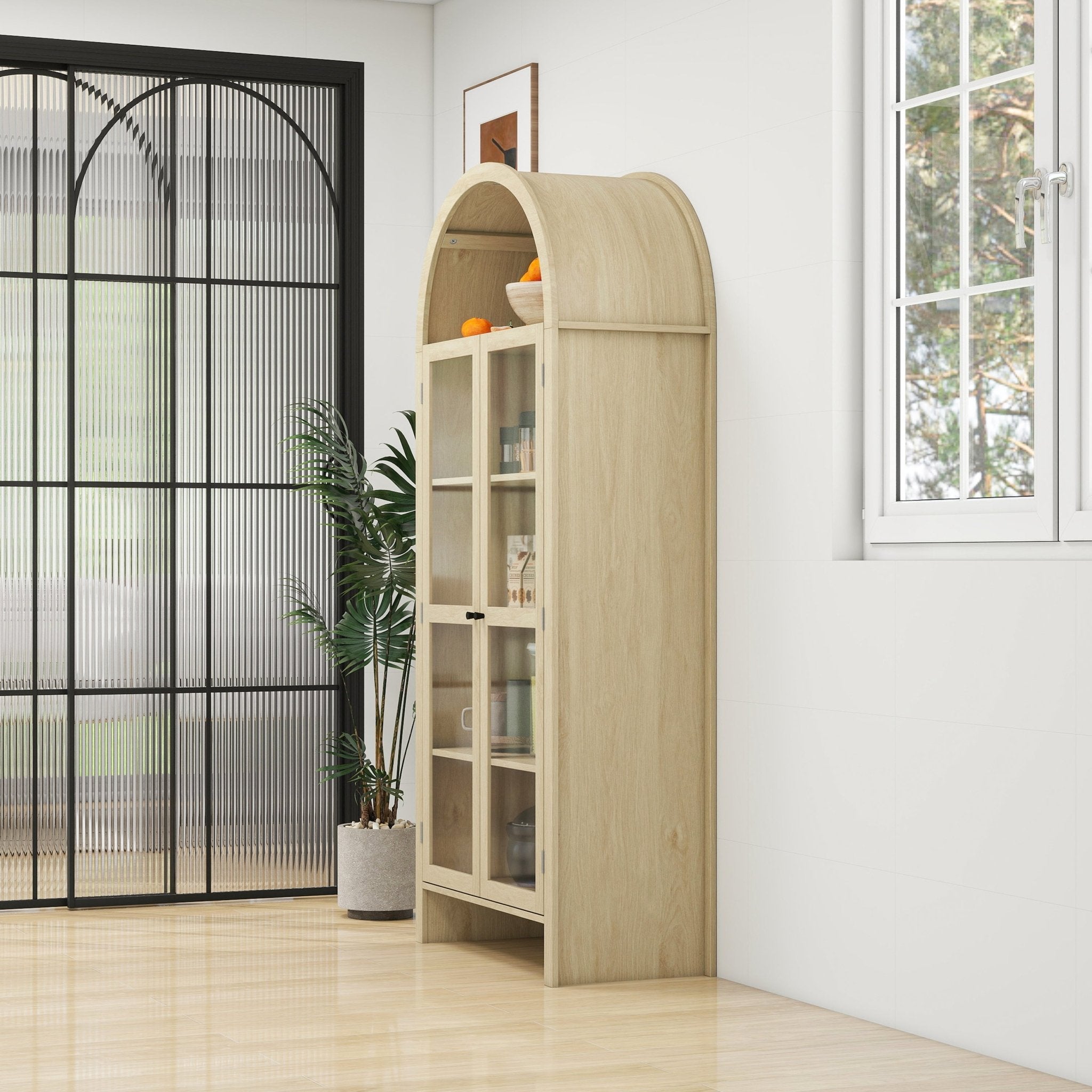 Tall Arched Display Cabinet with 2 Glass Doors and Adjustable Shelves - Cabinets