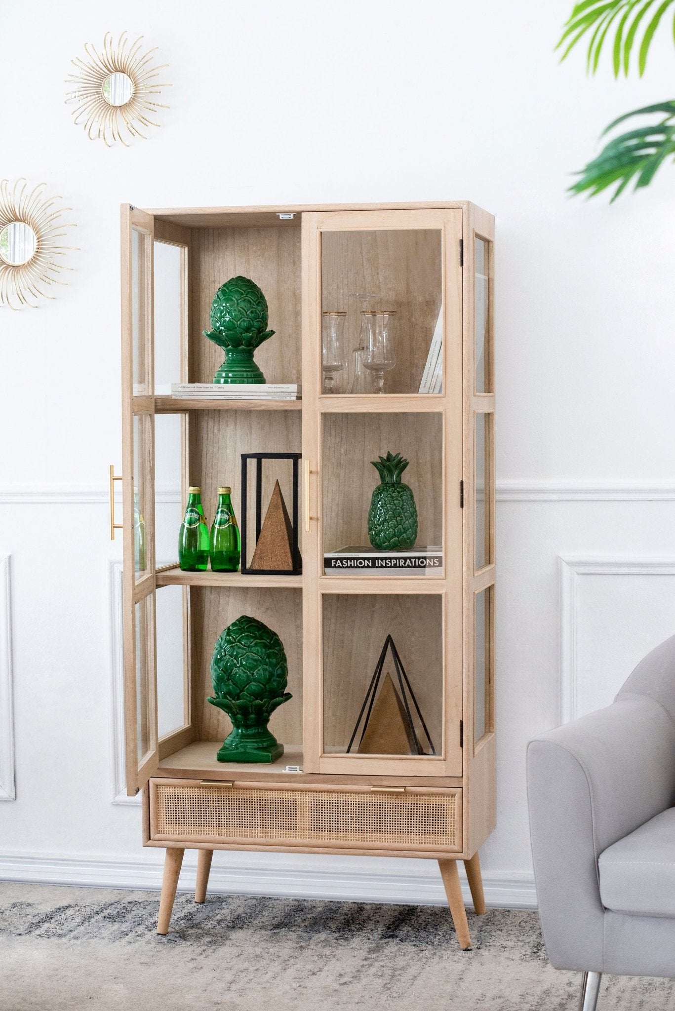 Tall Cabinet with 2 Glass Doors and Rattan Drawer - Cabinets
