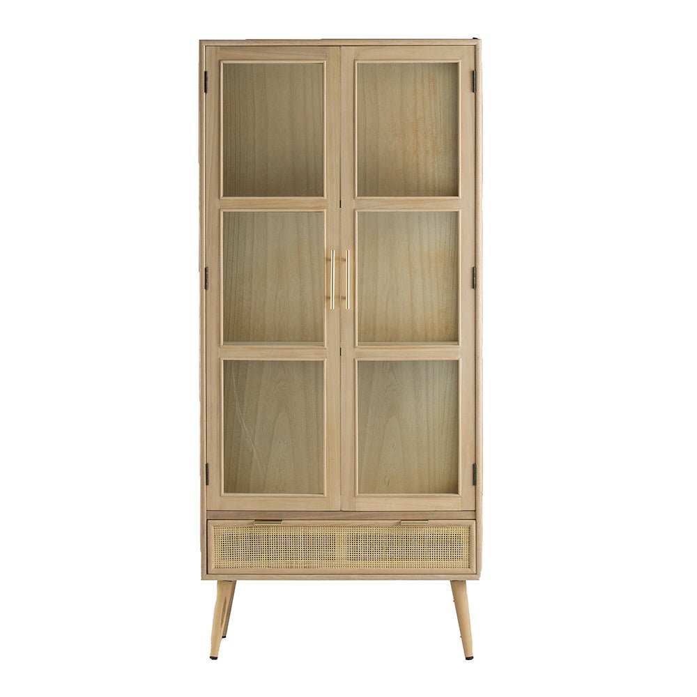 Tall Cabinet with 2 Glass Doors and Rattan Drawer - Cabinets