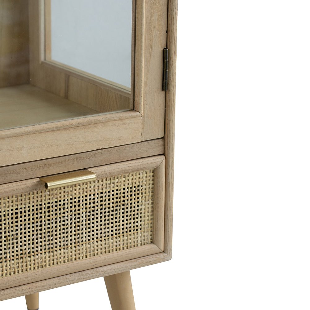 Tall Cabinet with 2 Glass Doors and Rattan Drawer - Cabinets