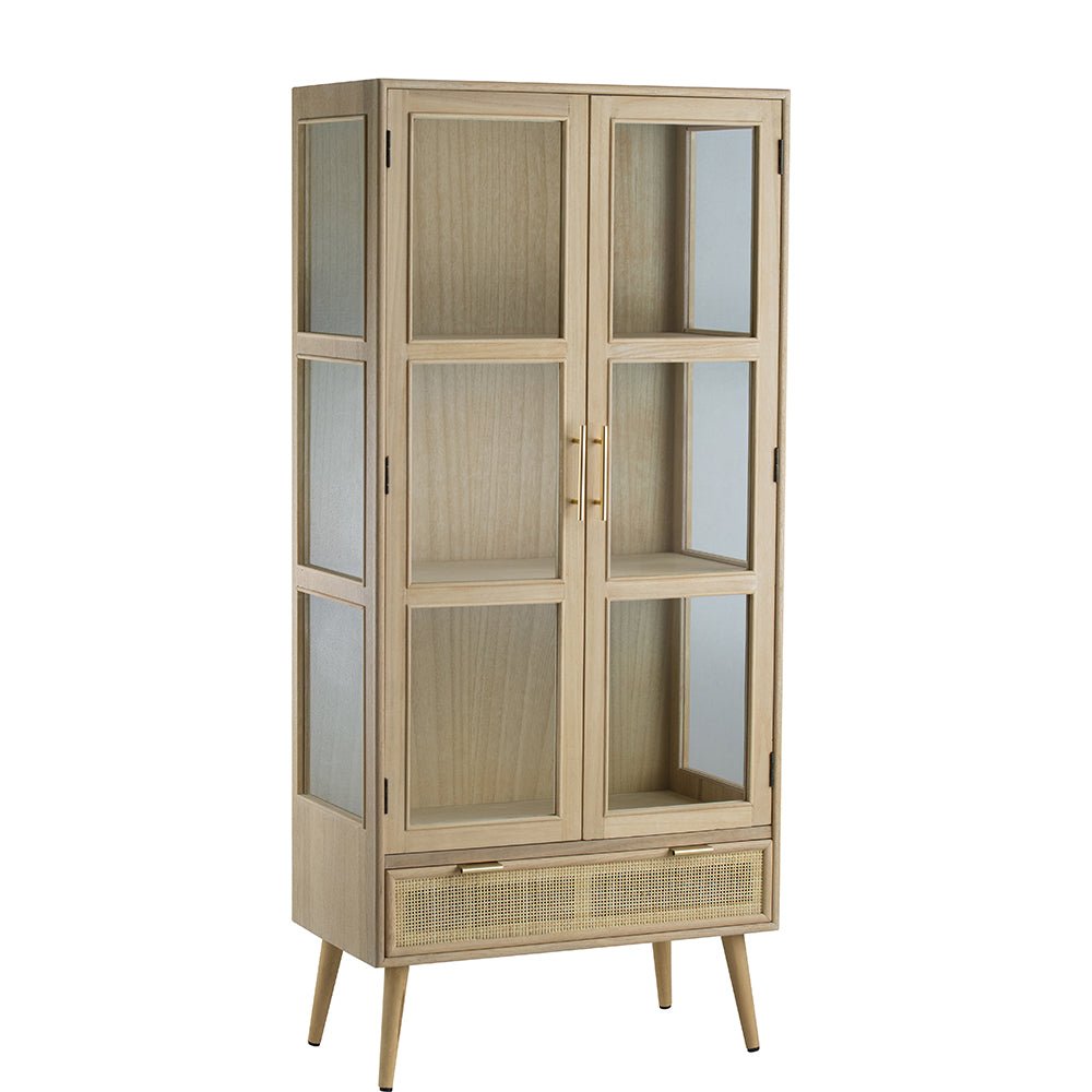 Tall Cabinet with 2 Glass Doors and Rattan Drawer - Cabinets