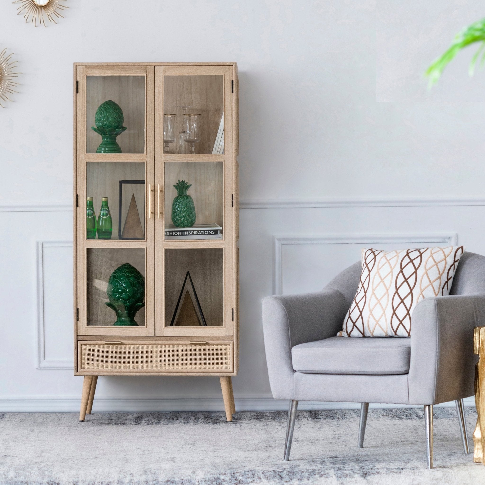Tall Cabinet with 2 Glass Doors and Rattan Drawer - Cabinets