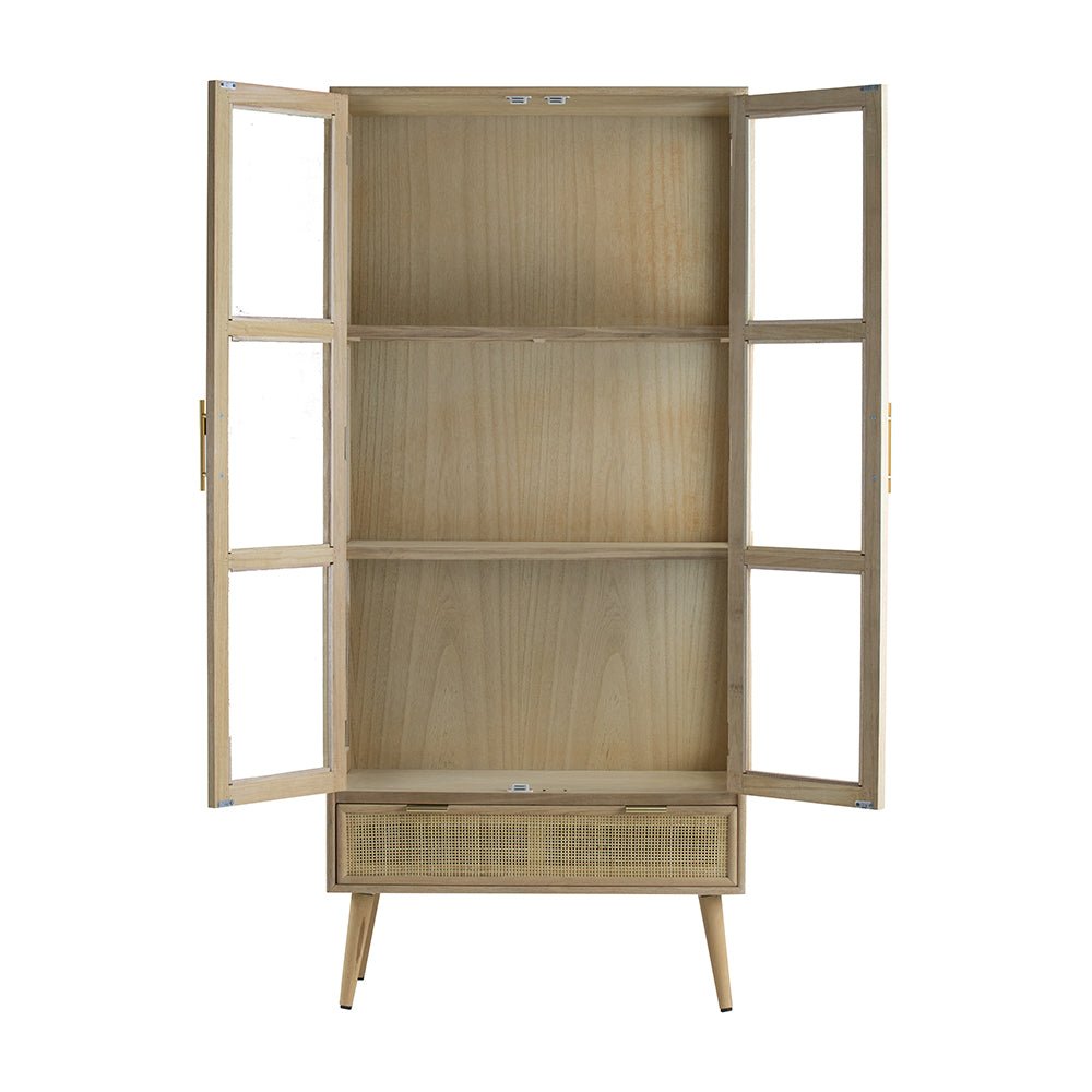 Tall Cabinet with 2 Glass Doors and Rattan Drawer - Cabinets