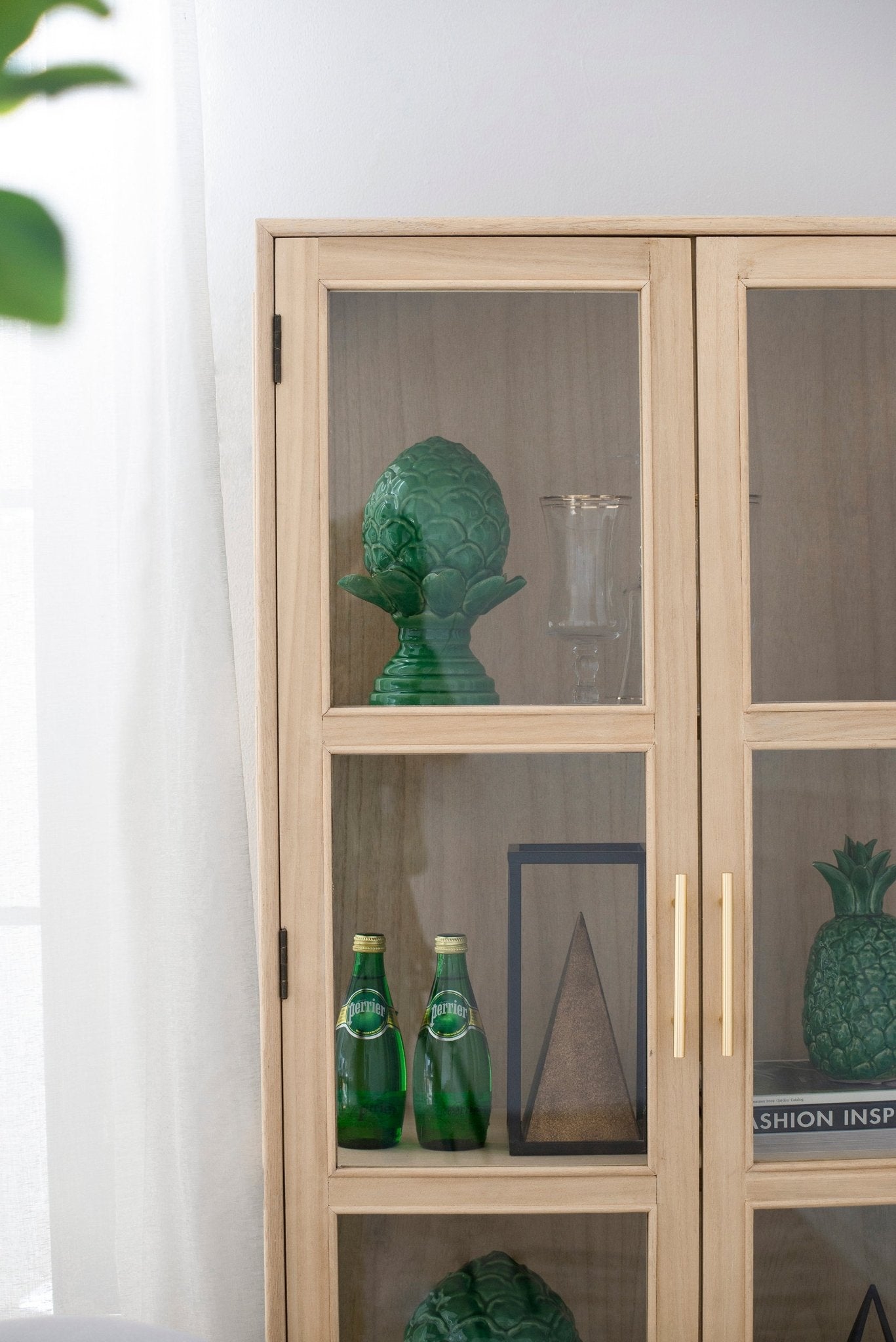 Tall Cabinet with 2 Glass Doors and Rattan Drawer - Cabinets