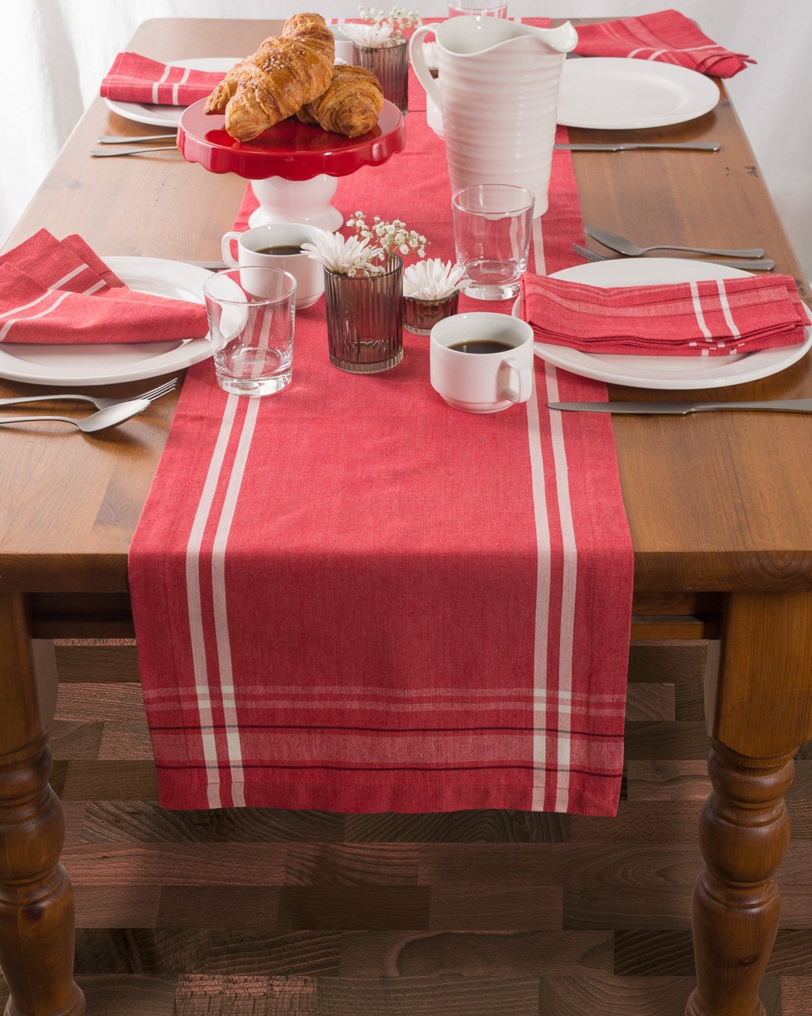 Tango Red Chambray French Stripe Table Runner 14X108 - Table Runners