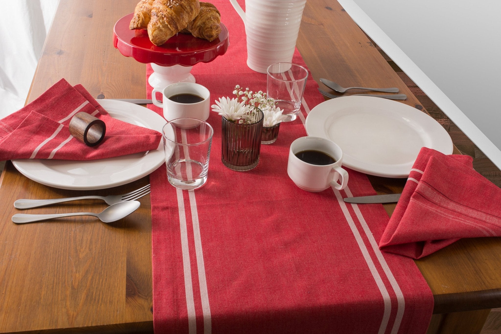 Tango Red Chambray French Stripe Table Runner 14X108 - Table Runners