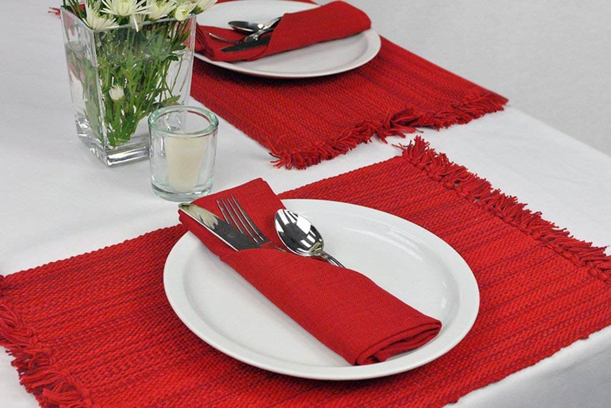 Tango Red Variegated Fringe Placemat & Napkin, Set of 8 - Placemats