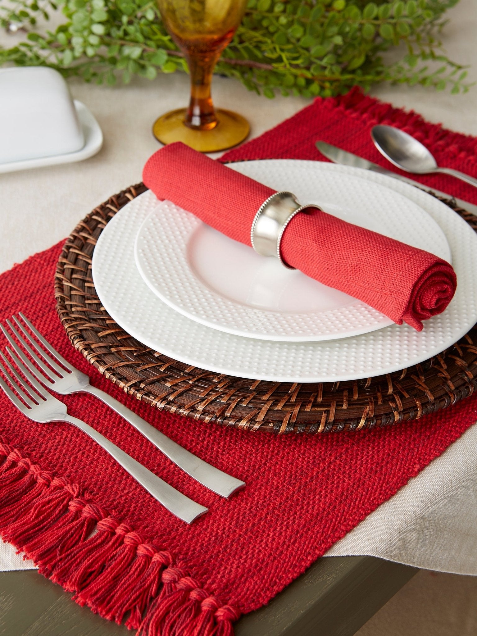 Tango Red Variegated Fringe Placemat & Napkin, Set of 8 - Placemats