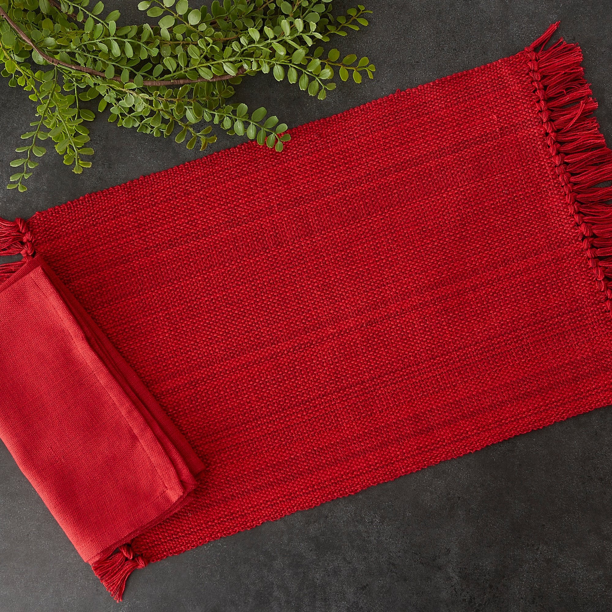 Tango Red Variegated Fringe Placemat & Napkin, Set of 8 - Placemats