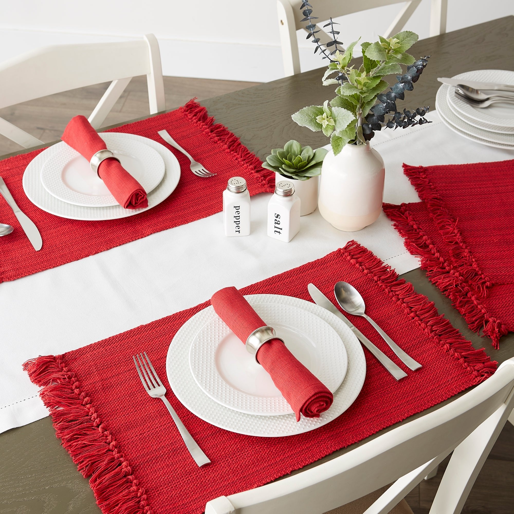 Tango Red Variegated Fringe Placemat & Napkin, Set of 8 - Placemats