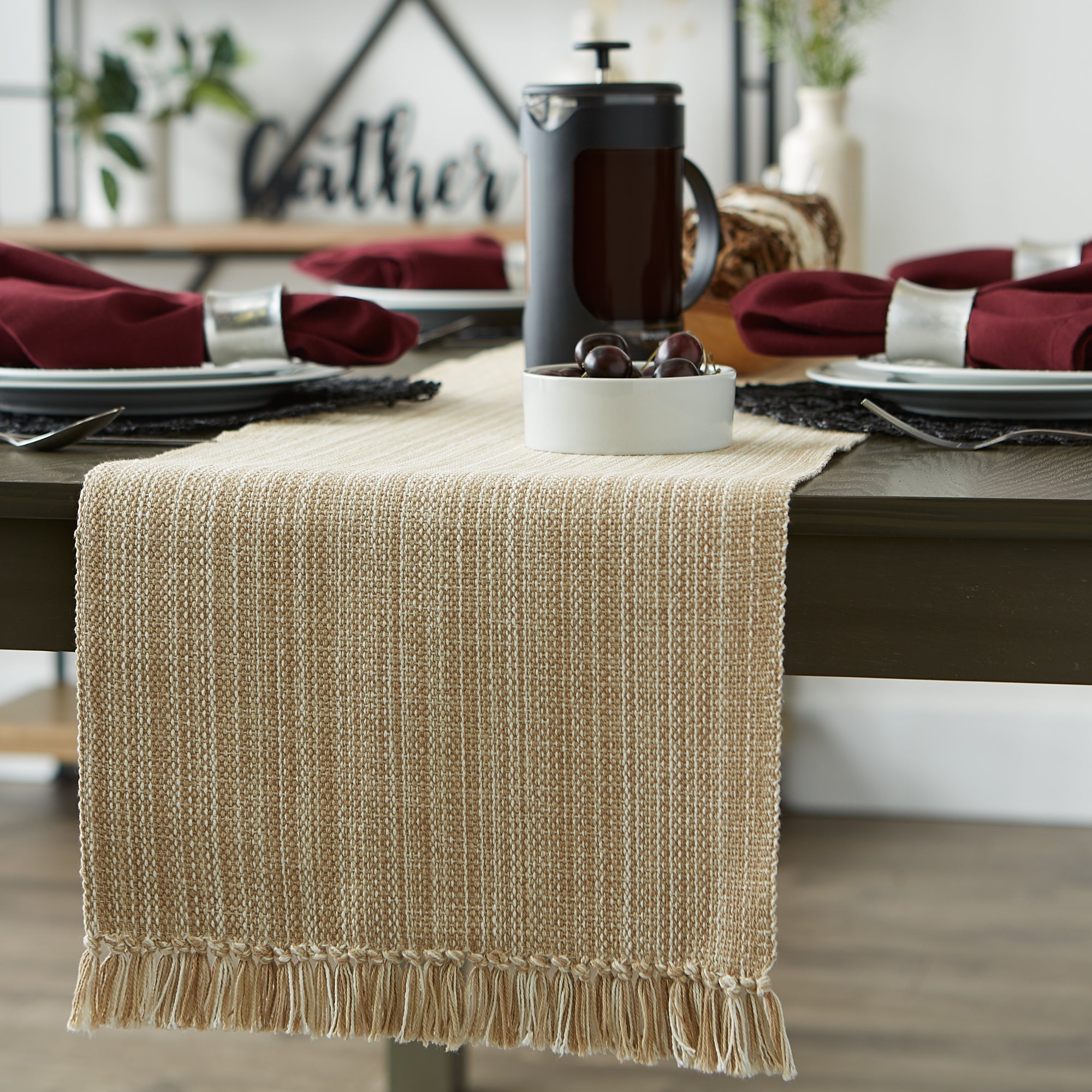 Taupe Variegated Fringe Table Runner 13X108 - Table Runners