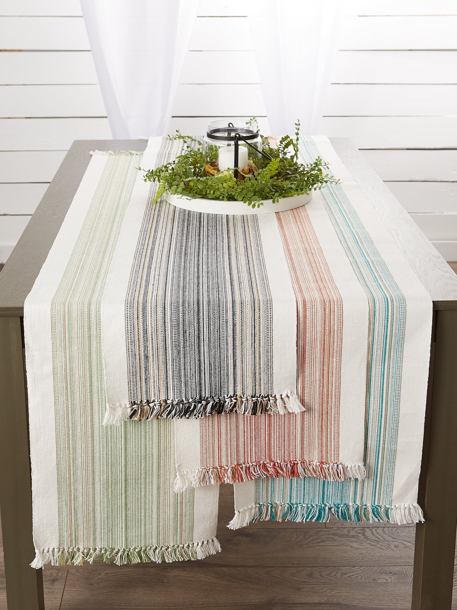 Thyme Striped Fringe Ribbed Table Runner 14X108 - Table Runners